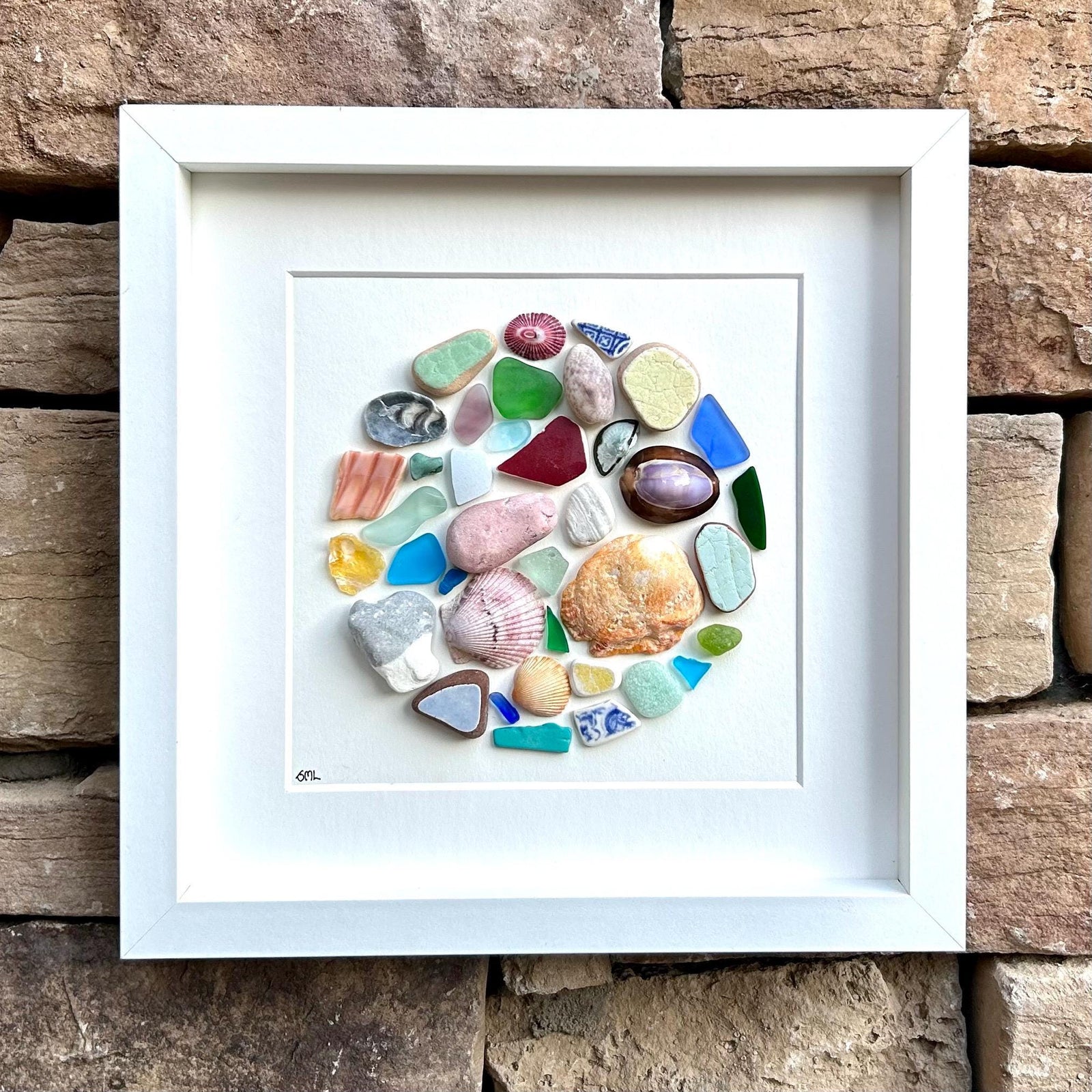 Abstract Beach Mosaic Circle Made of Sea Glass, Shells, Sea Pottery and Pebbles, 9x9 Framed Handmade Original Coastal Decor
