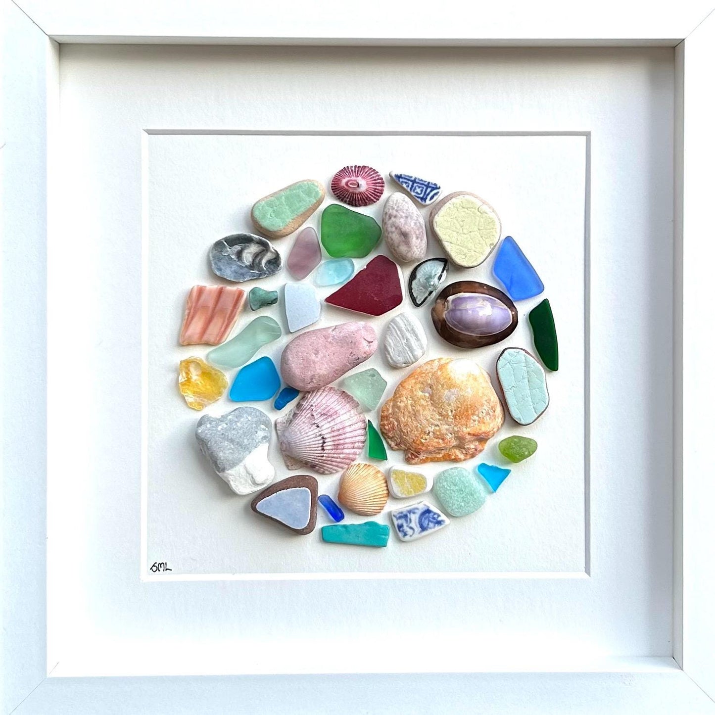 Abstract Beach Mosaic Circle Made of Sea Glass, Shells, Sea Pottery and Pebbles, 9x9 Framed Handmade Original Coastal Decor