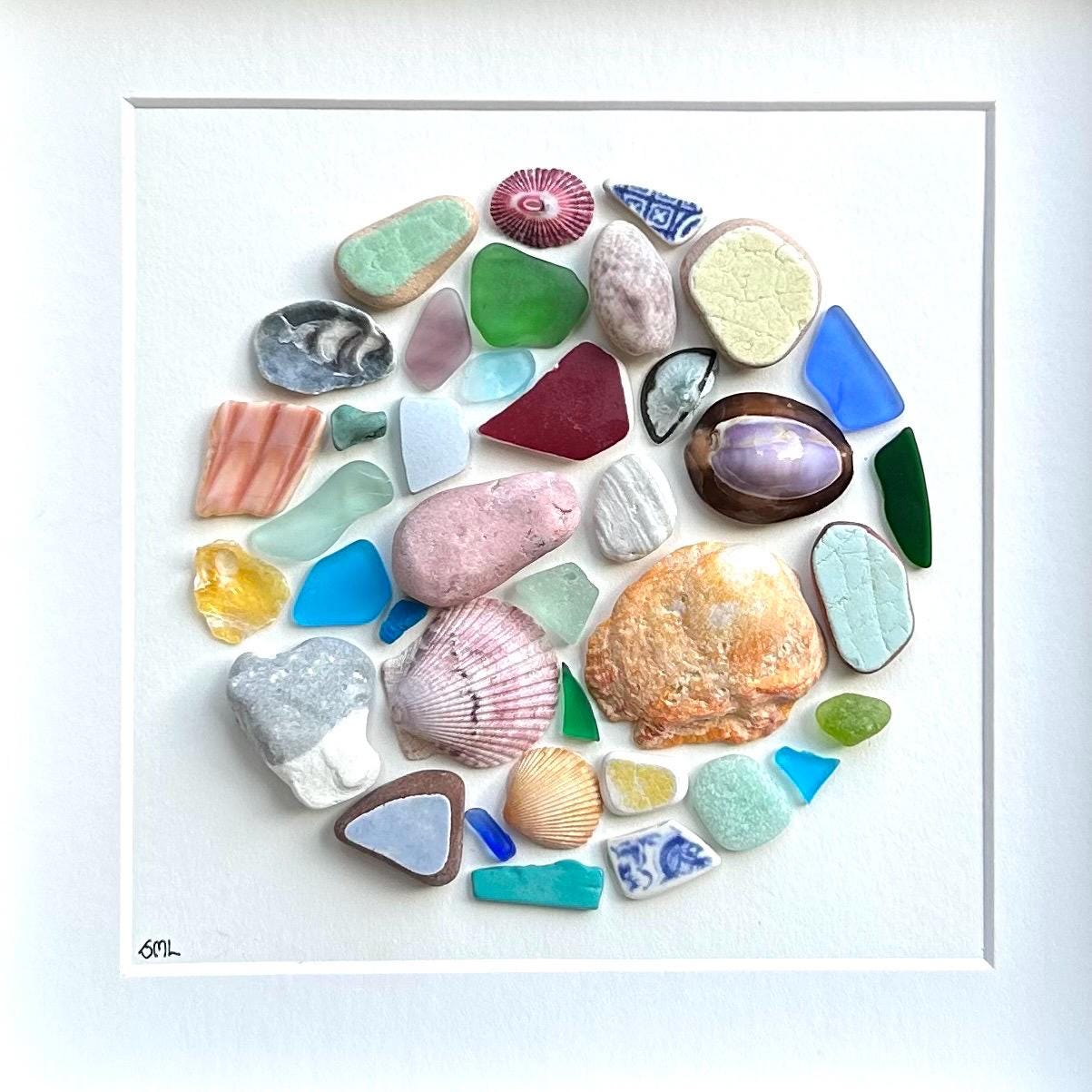 Abstract Beach Mosaic Circle Made of Sea Glass, Shells, Sea Pottery and Pebbles, 9x9 Framed Handmade Original Coastal Decor