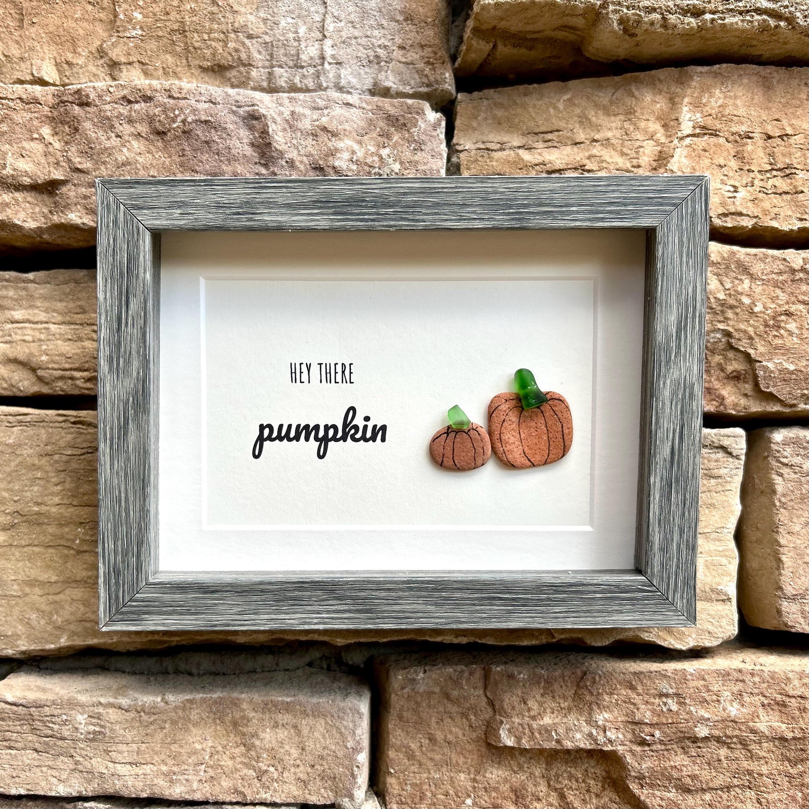 Hey There Pumpkin Framed Sea Glass and Pebble Artwork, 5x7” Original Fall Wall Decor, Handmade Natural Artwork, Halloween Art