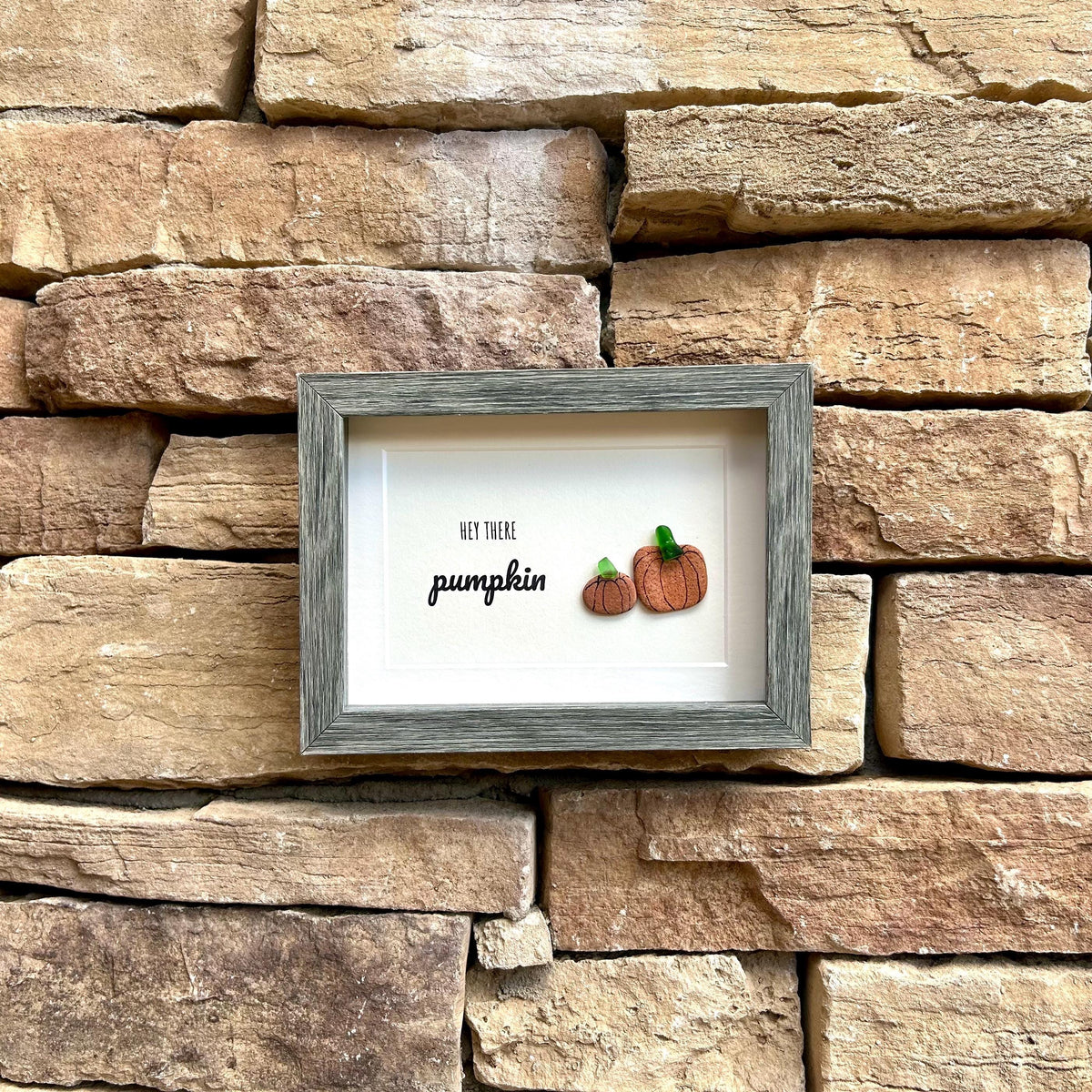 Hey There Pumpkin Framed Sea Glass and Pebble Artwork, 5x7” Original Fall Wall Decor, Handmade Natural Artwork, Halloween Art