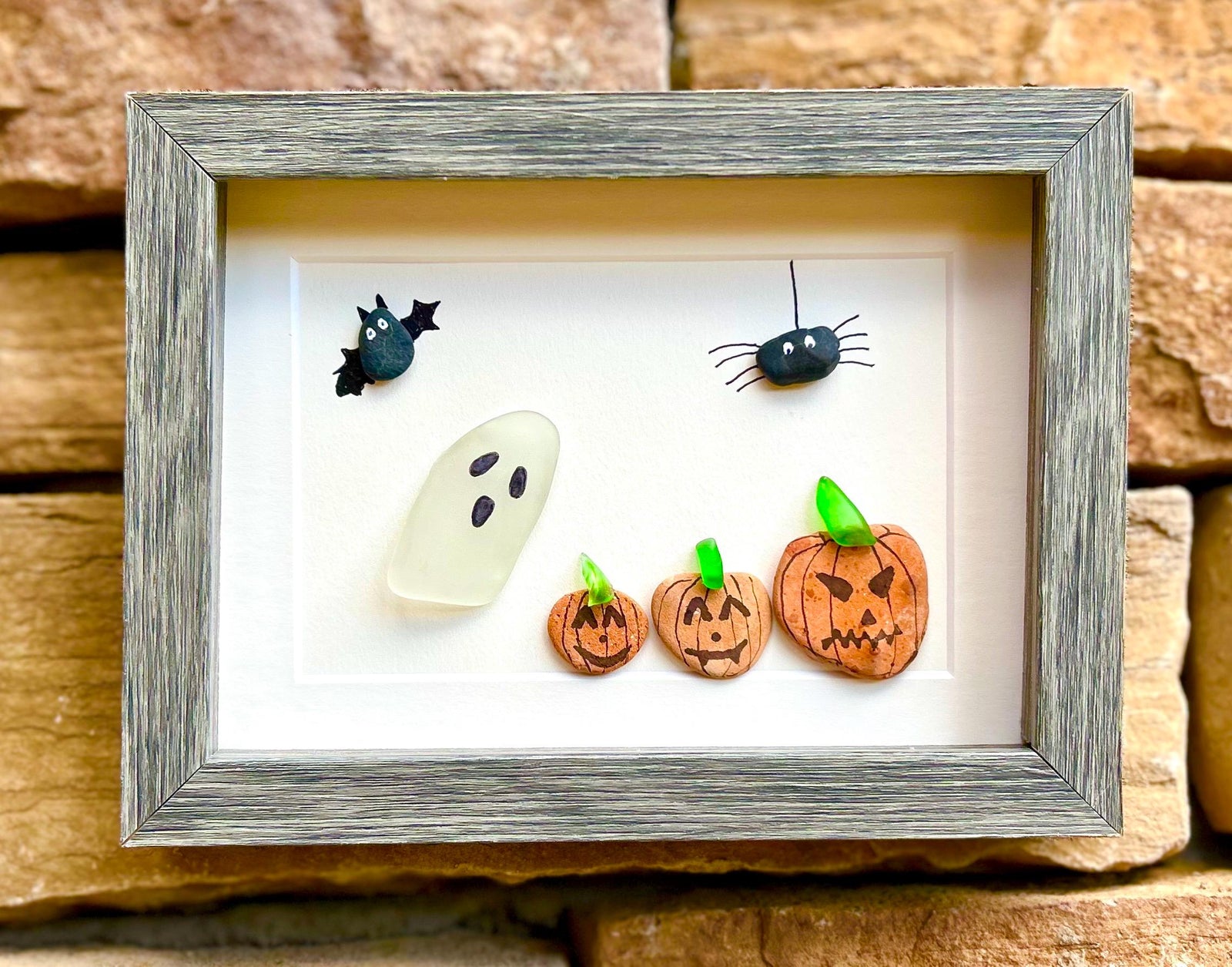 Halloween Framed Sea Glass and Pebble Artwork, 5x7” Original Fall Wall Decor, Handmade Halloween Art featuring a Ghost, Spider, Bat, Pumpkin