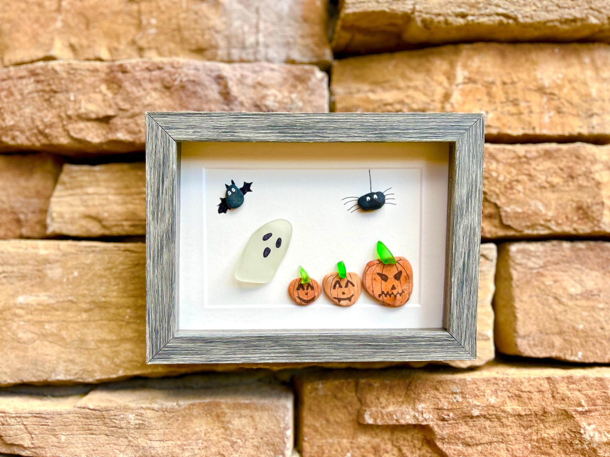 Halloween Framed Sea Glass and Pebble Artwork, 5x7” Original Fall Wall Decor, Handmade Halloween Art featuring a Ghost, Spider, Bat, Pumpkin