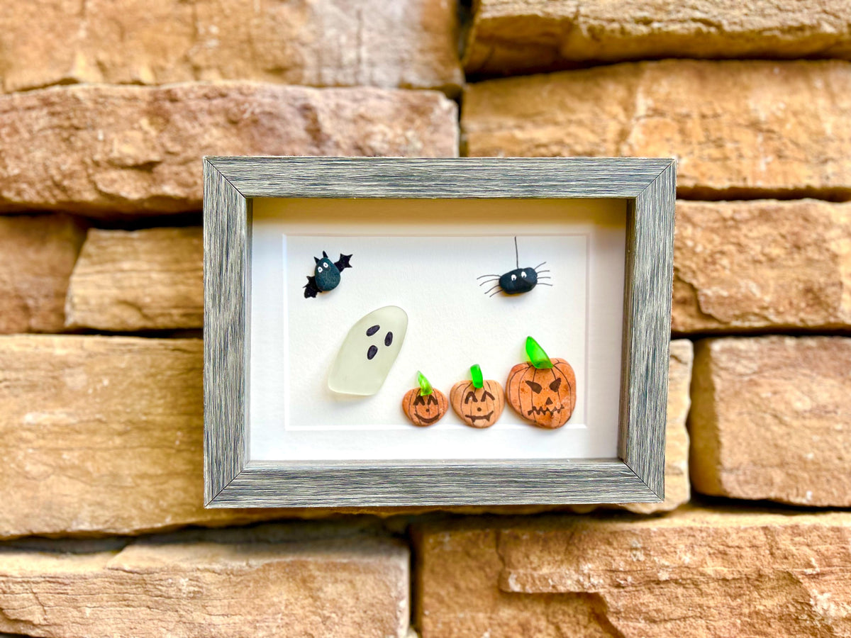 Halloween Framed Sea Glass and Pebble Artwork, 5x7” Original Fall Wall Decor, Handmade Halloween Art featuring a Ghost, Spider, Bat, Pumpkin