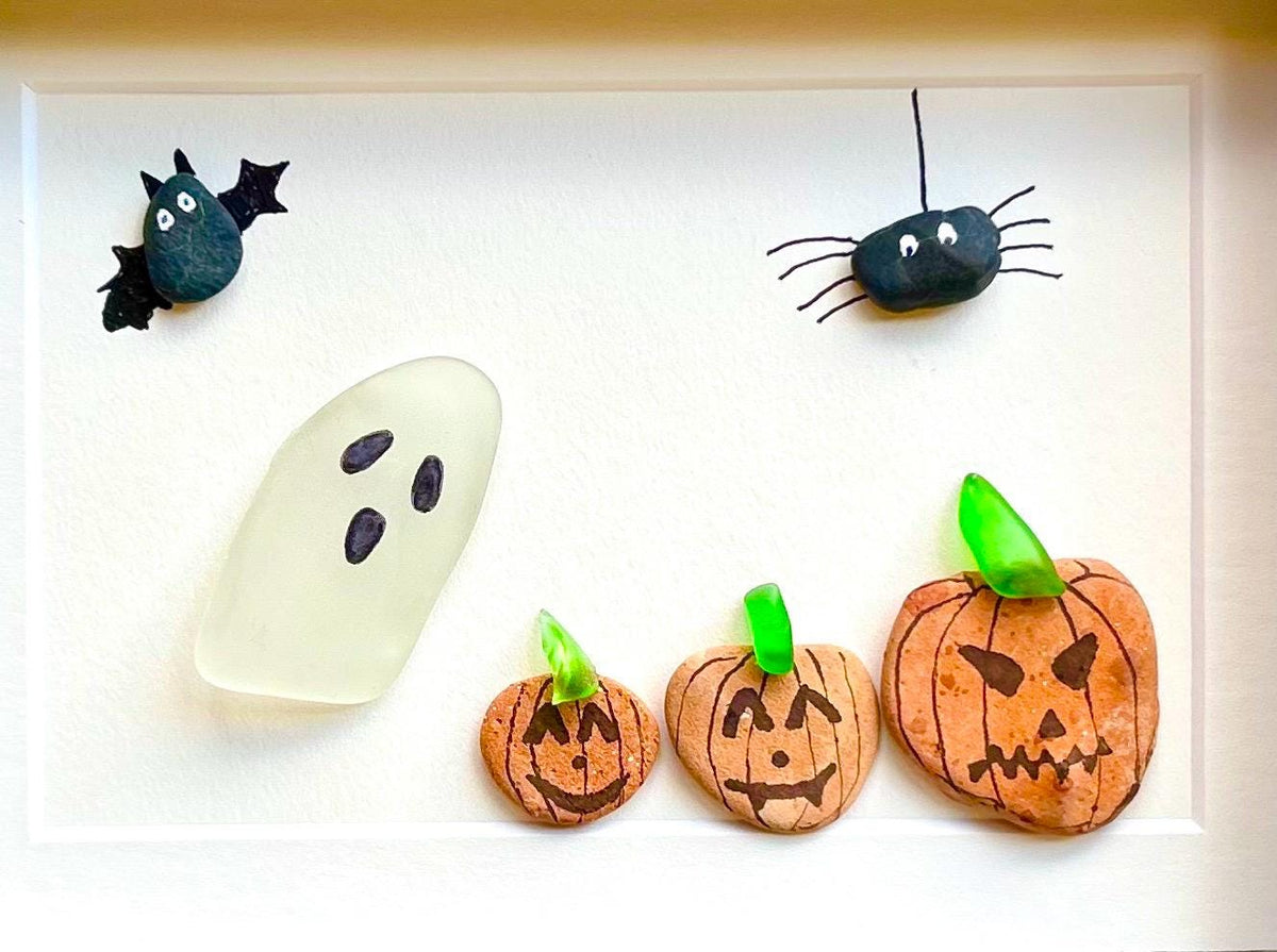 Halloween Framed Sea Glass and Pebble Artwork, 5x7” Original Fall Wall Decor, Handmade Halloween Art featuring a Ghost, Spider, Bat, Pumpkin