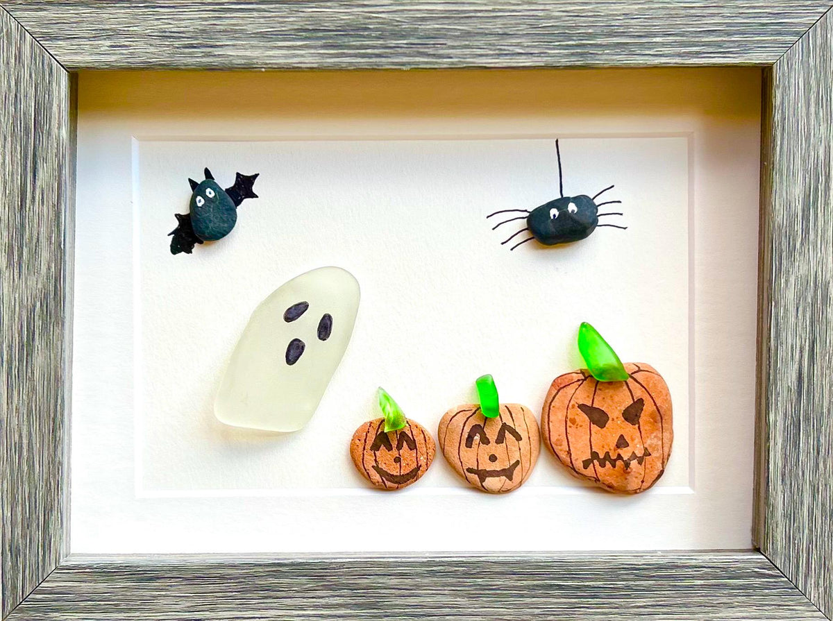 Halloween Framed Sea Glass and Pebble Artwork, 5x7” Original Fall Wall Decor, Handmade Halloween Art featuring a Ghost, Spider, Bat, Pumpkin