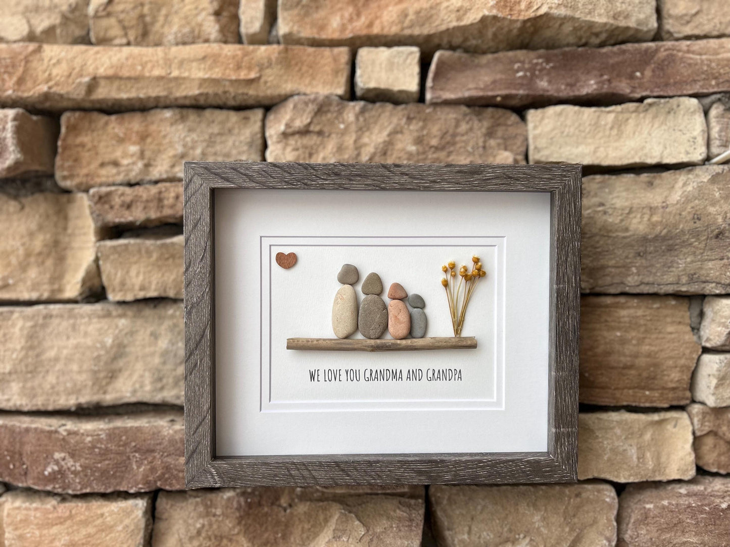 Handmade Pebble Art Grandparents Gift, Framed Family Portrait, 8x10