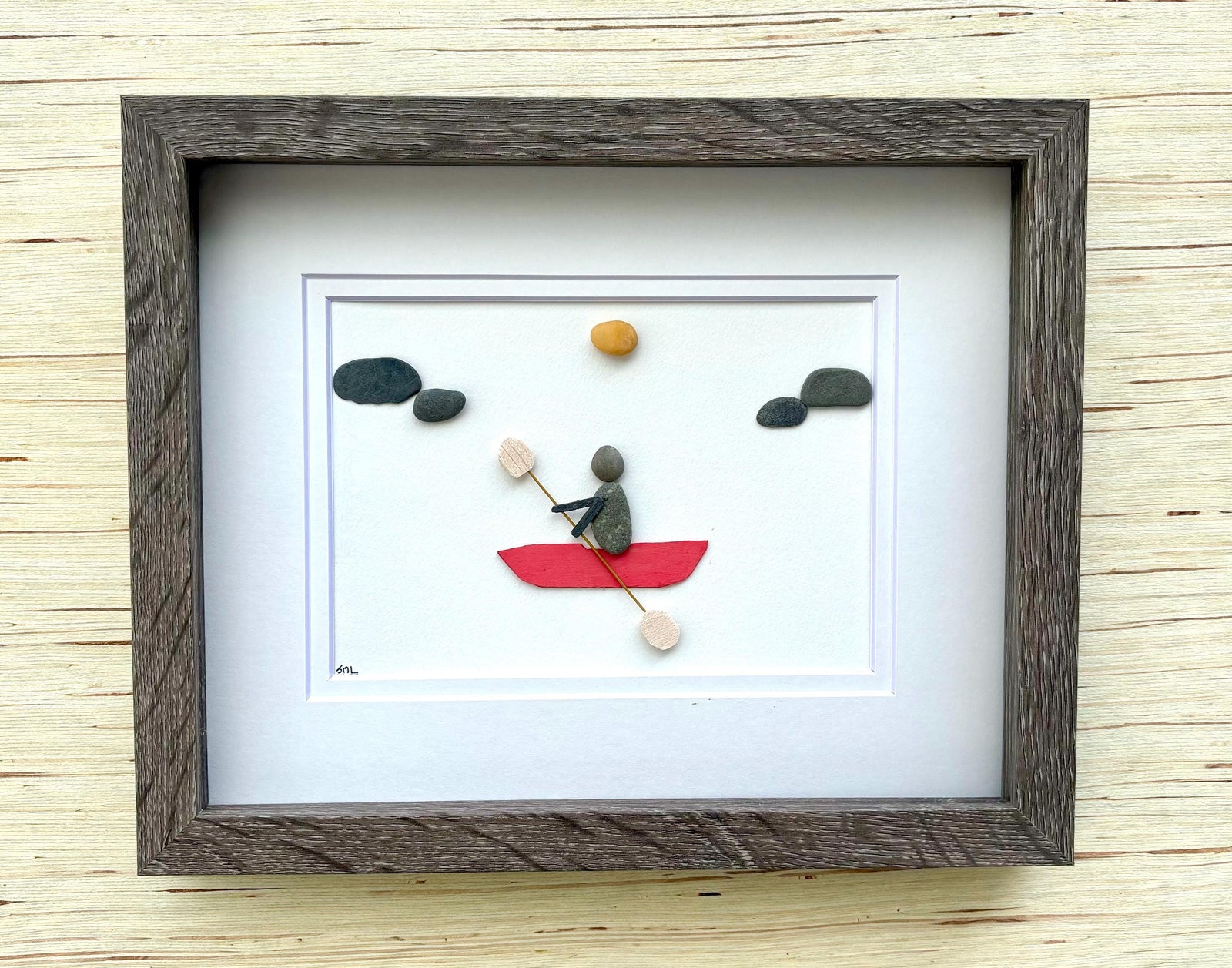 Kayaker Pebble Art | 8x10 Framed Handmade Gift for Paddlers | Personalized Kayaking Wall Art or Poster