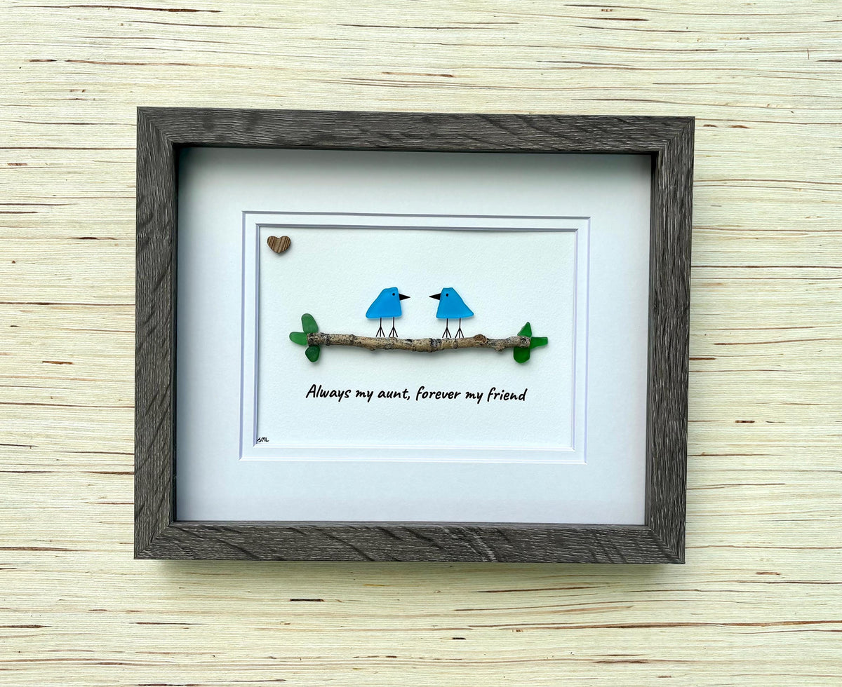 Unique Gift for Aunt, Framed 8x10 Sea Glass Art Captioned “Always my aunt, forever my friend”