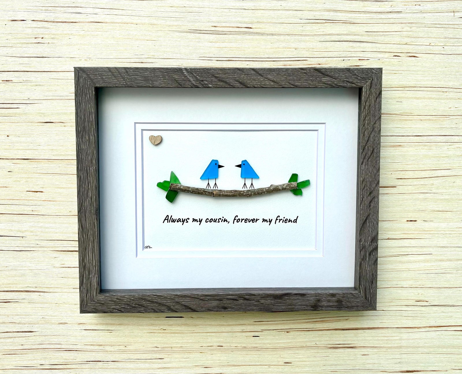 Unique Gift for Cousin, Framed 8x10 Sea Glass Art Captioned “Always my cousin, forever my friend”