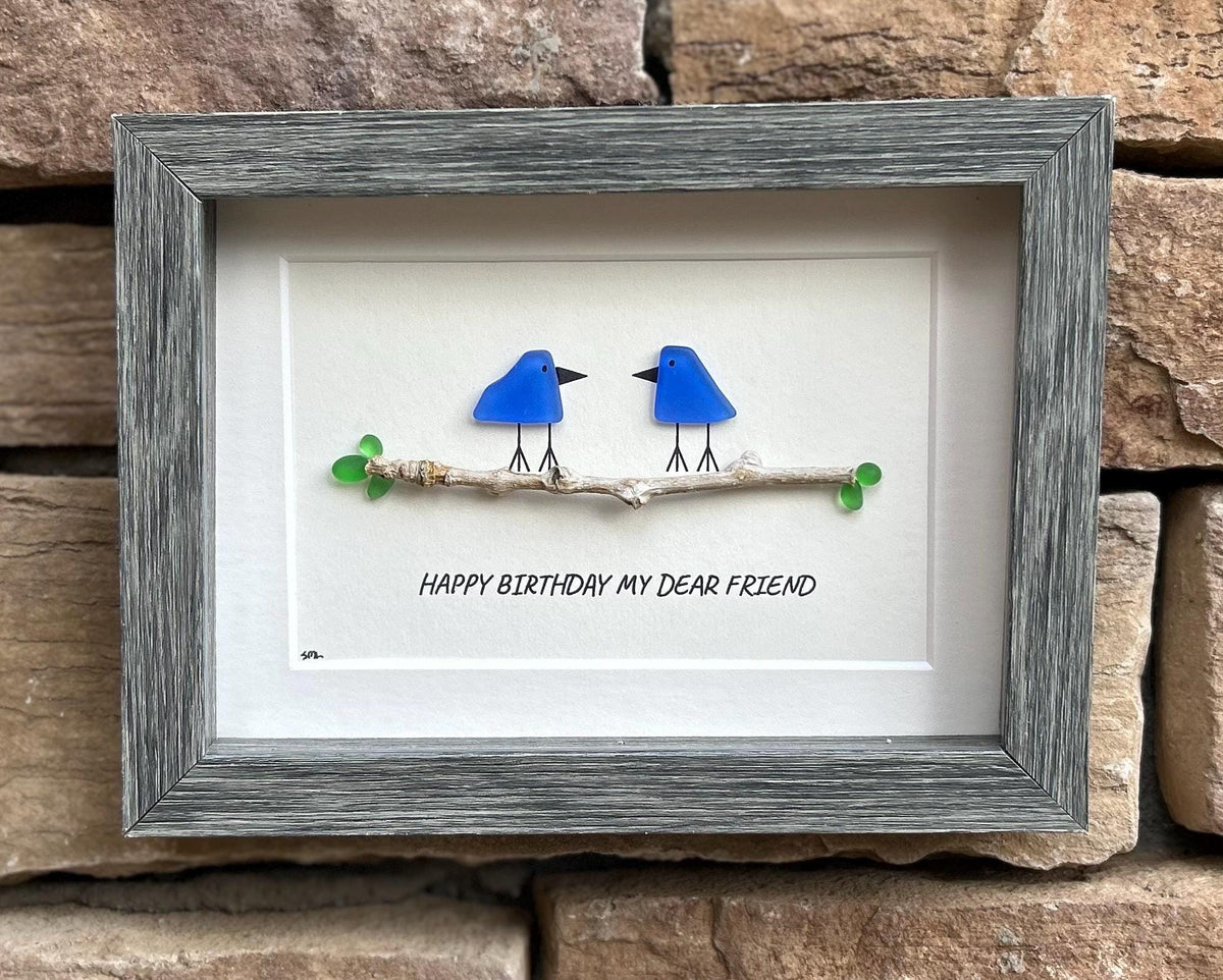 Handmade Birthday Gift for Good Friend, 6x8 Framed Sea Glass Art Showing Two Seaglass Birds on Branch