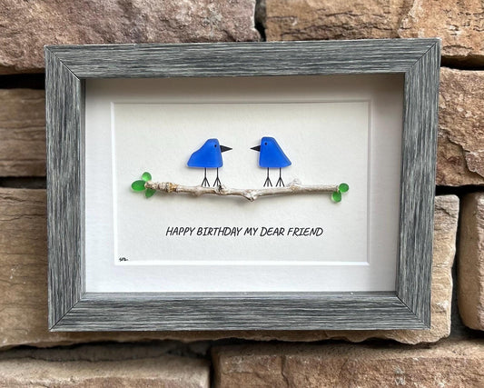 Handmade Birthday Gift for Good Friend, 6x8 Framed Sea Glass Art Showing Two Seaglass Birds on Branch