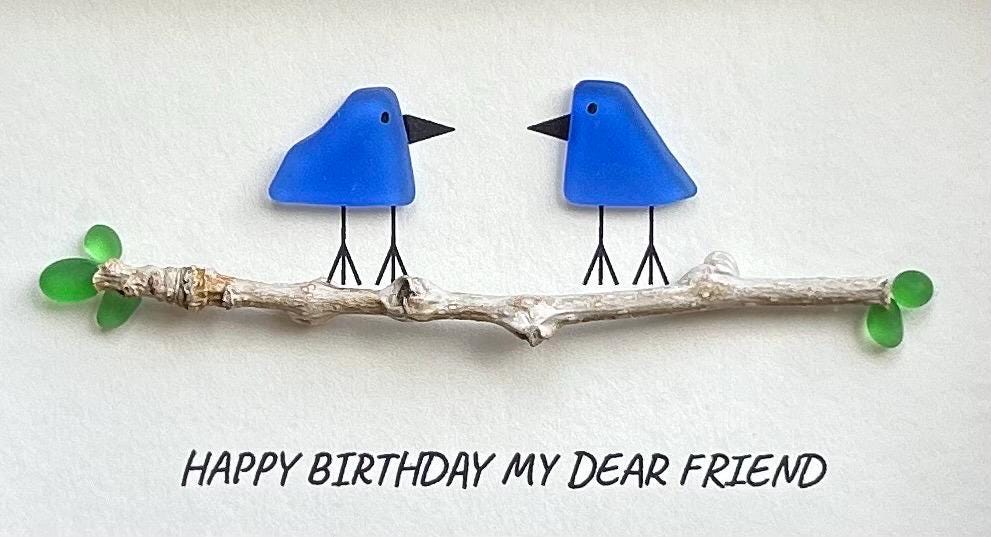 Handmade Birthday Gift for Good Friend, 6x8 Framed Sea Glass Art Showing Two Seaglass Birds on Branch