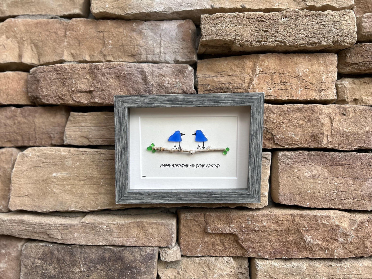 Handmade Birthday Gift for Good Friend, 6x8 Framed Sea Glass Art Showing Two Seaglass Birds on Branch