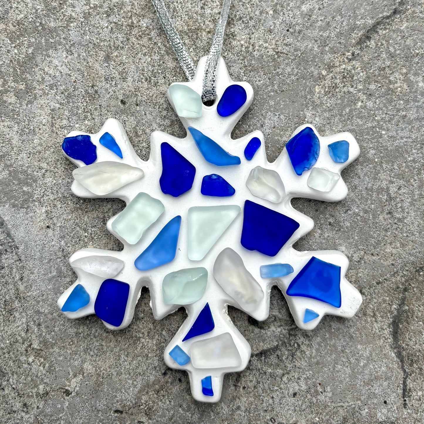 Handmade Scottish Sea Glass Snowflake Ornament in Shades of Blue, White and Teal on Ceramic Snow Flake Ornament Backing