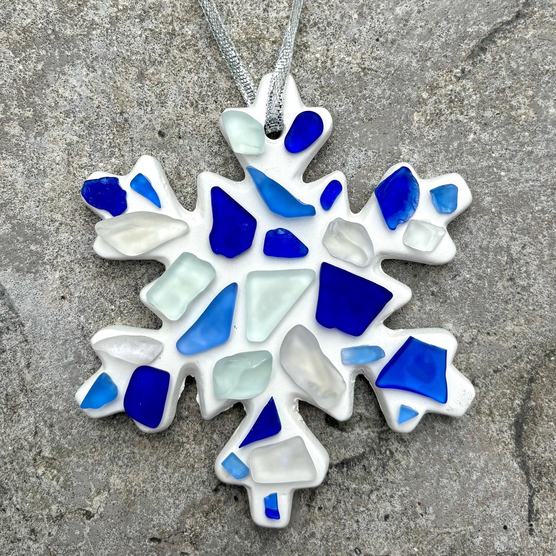 Handmade Scottish Sea Glass Snowflake Ornament in Shades of Blue, White and Teal on Ceramic Snow Flake Ornament Backing