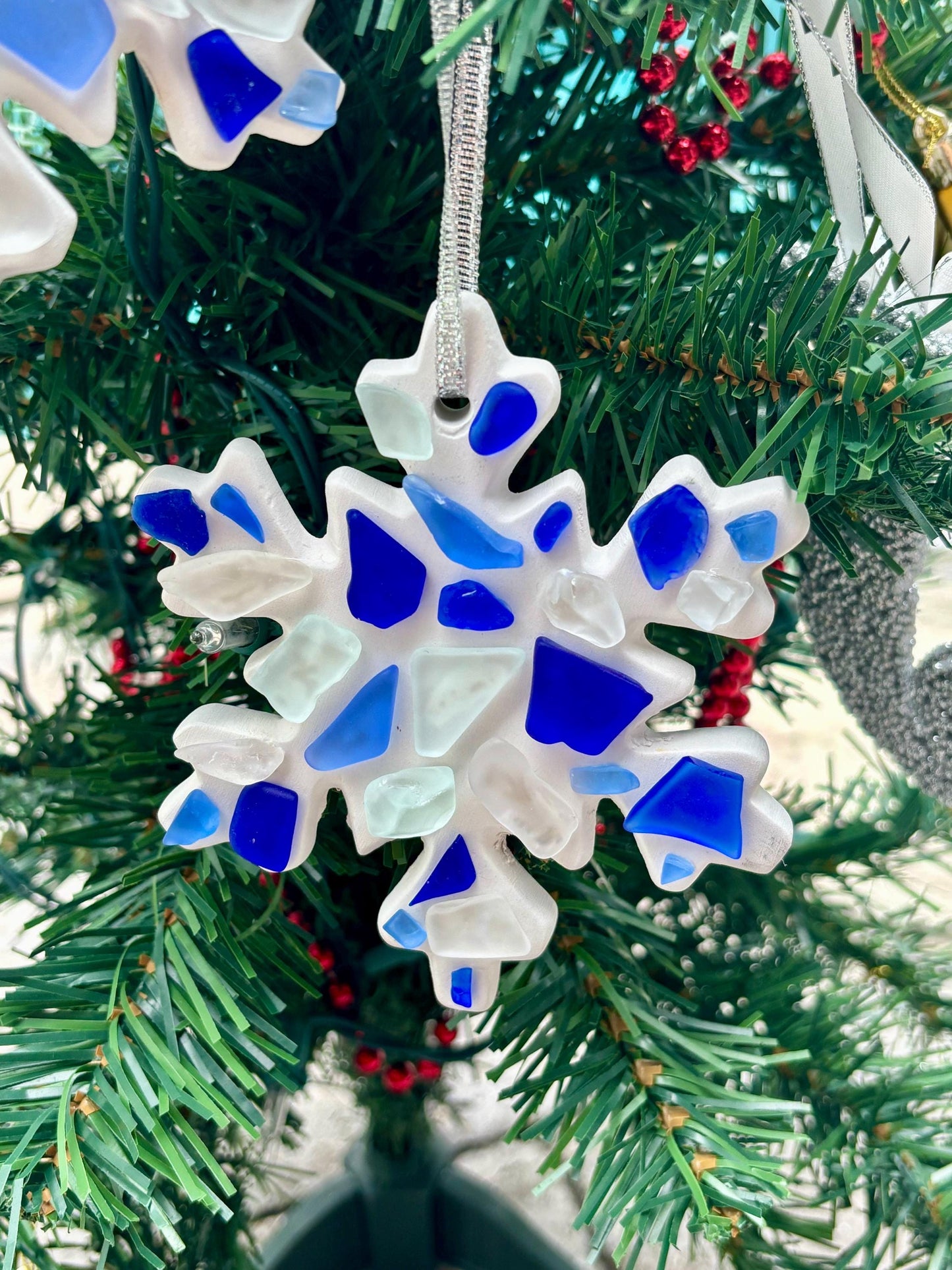 Handmade Scottish Sea Glass Snowflake Ornament in Shades of Blue, White and Teal on Ceramic Snow Flake Ornament Backing