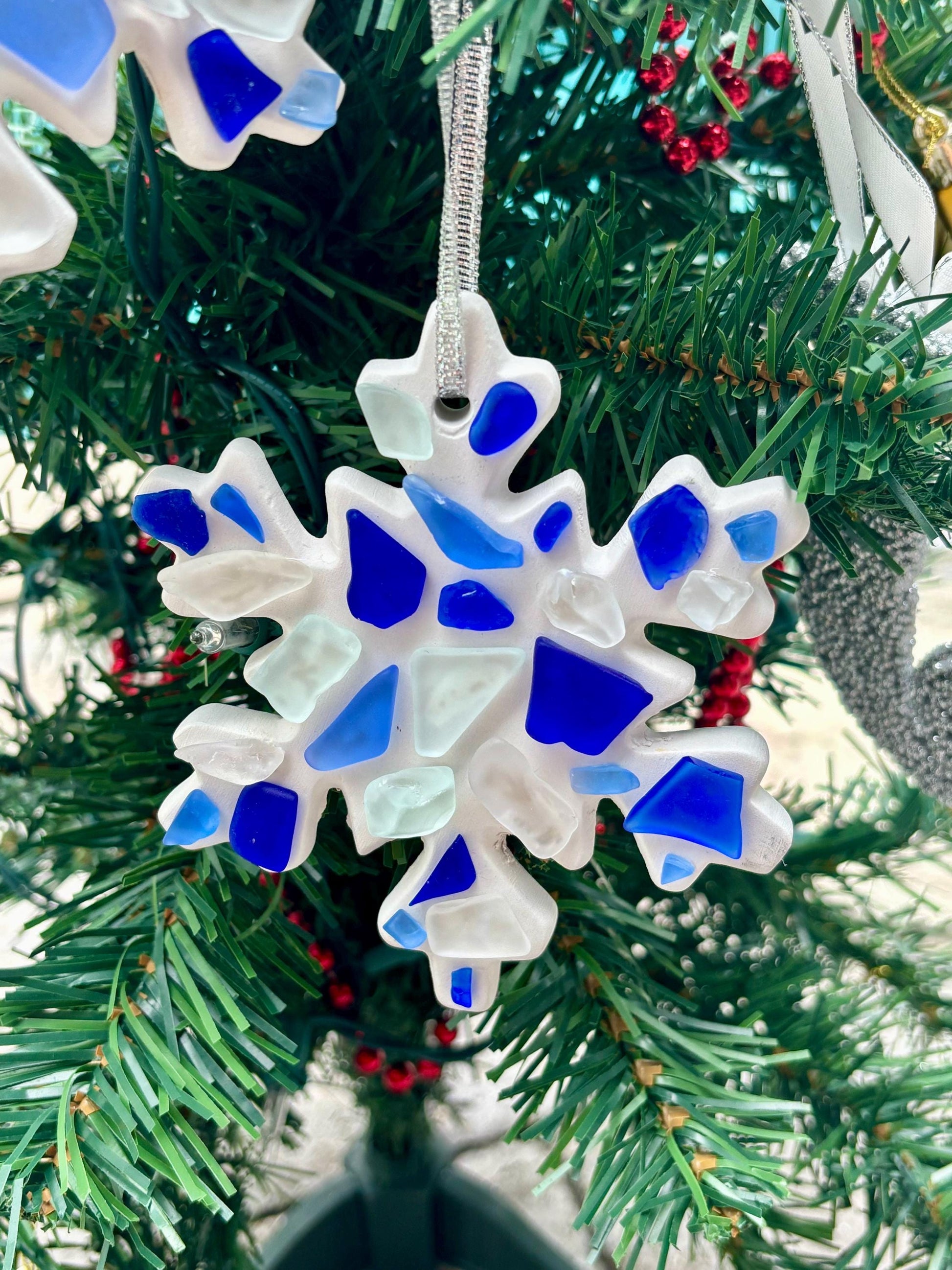 Handmade Scottish Sea Glass Snowflake Ornament in Shades of Blue, White and Teal on Ceramic Snow Flake Ornament Backing