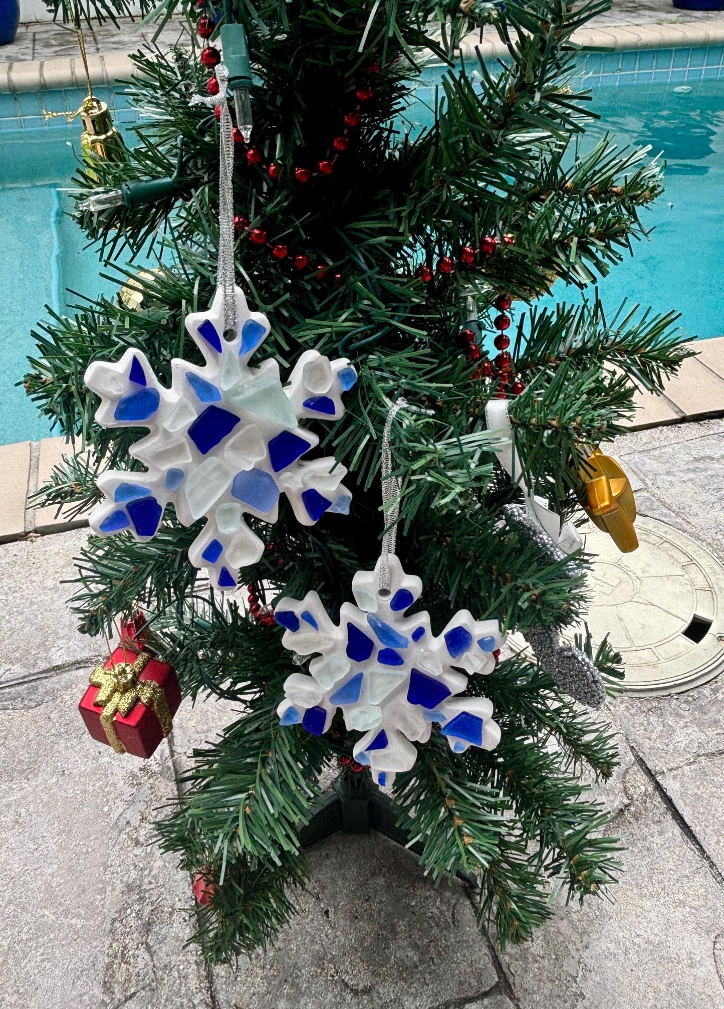 Handmade Scottish Sea Glass Snowflake Ornament in Shades of Blue, White and Teal on Ceramic Snow Flake Ornament Backing