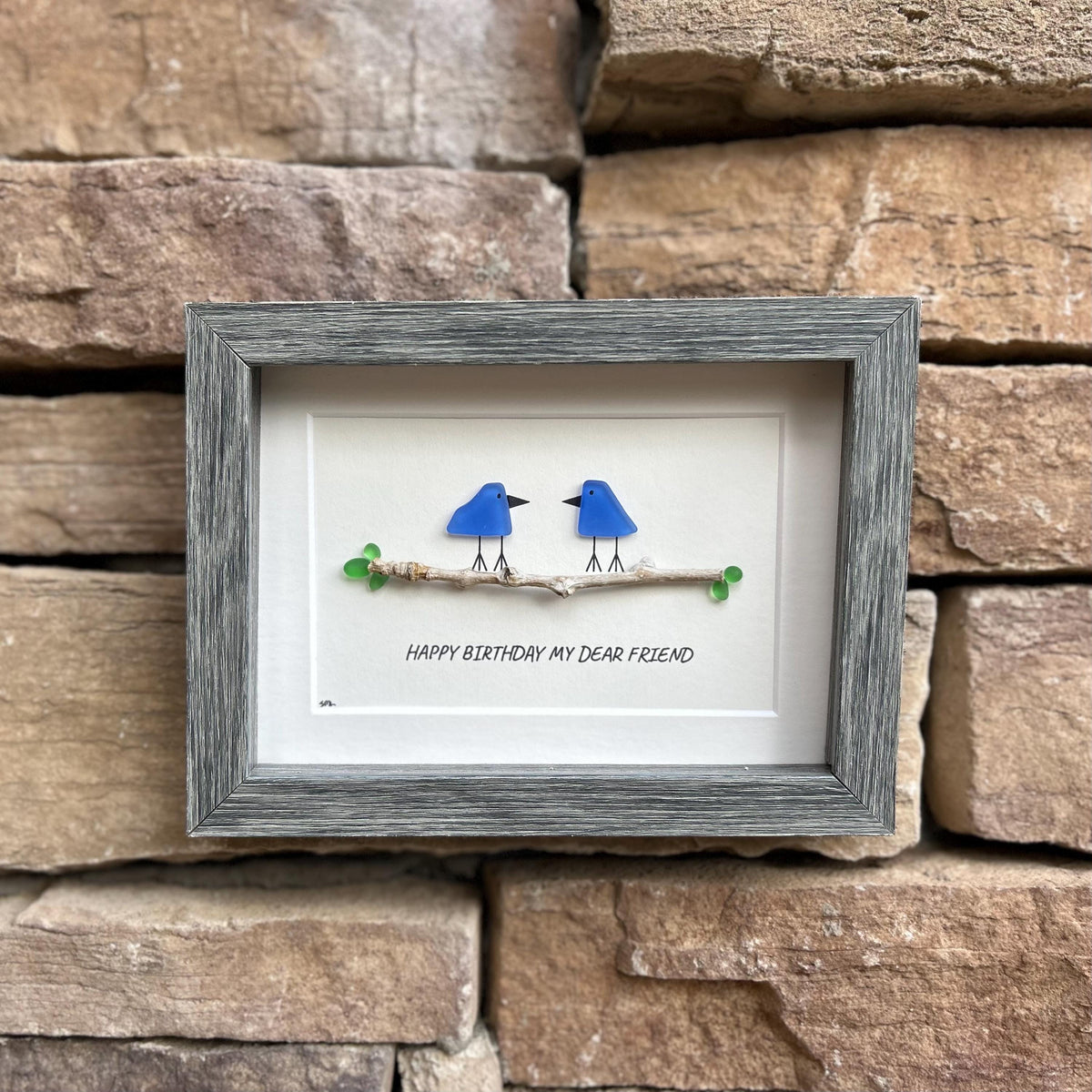 Handmade Birthday Gift for Good Friend, 6x8 Framed Sea Glass Art Showing Two Seaglass Birds on Branch
