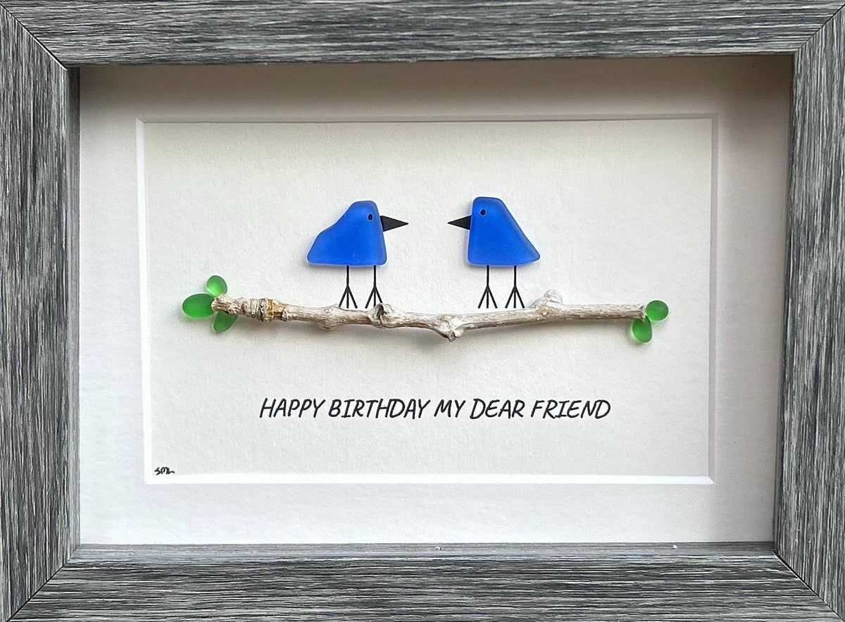 Handmade Birthday Gift for Good Friend, 6x8 Framed Sea Glass Art Showing Two Seaglass Birds on Branch