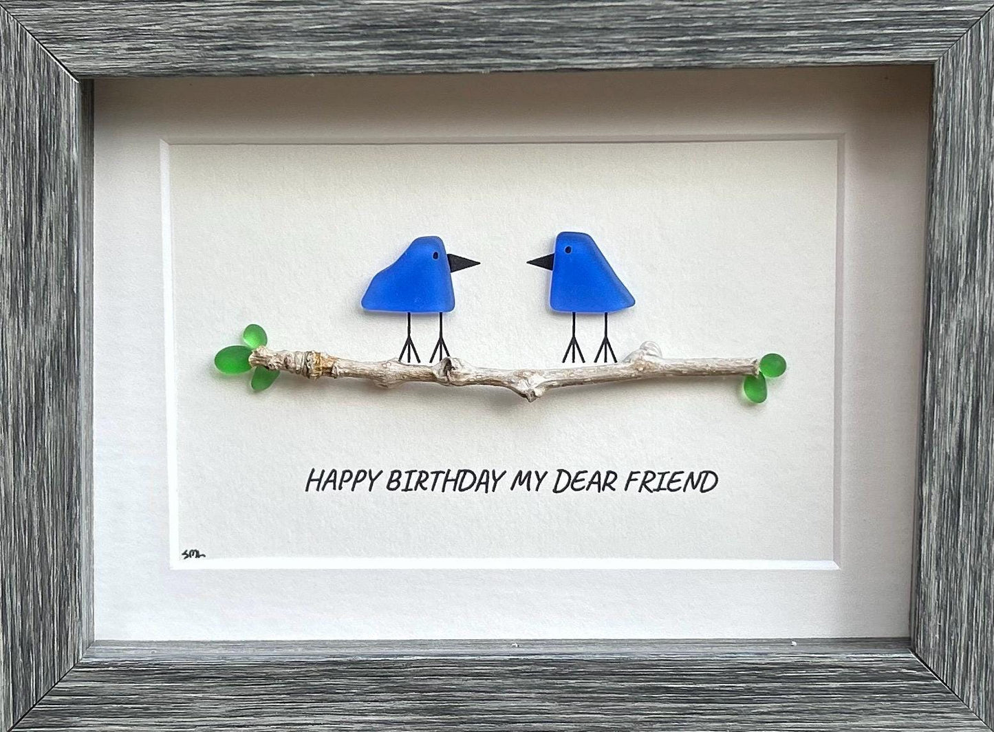 Happy Birthday my Dear Friend | Handmade Birthday Gift | Gift for Best Friend | Blue Glass Birds on a Branch | 5x7 Sea Glass Art
