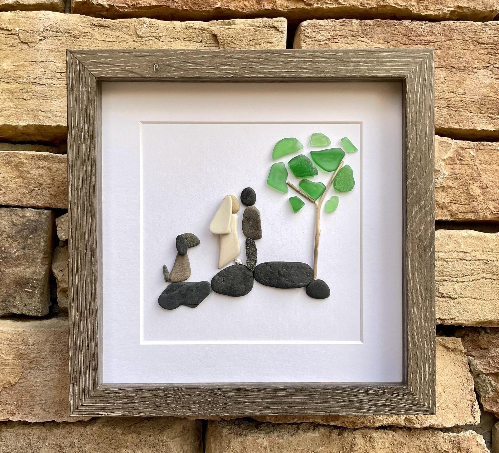 Bride and Groom with Dog – Unique 8x8 Wedding Gift | Handmade Pebble, Sea Glass & Pottery Art | Perfect Gift for Newlyweds with Pet