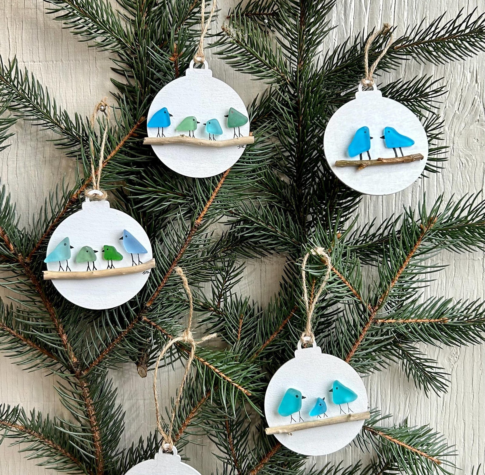 Handmade Family of Sea Glass Birds Christmas Ornament, Couple, Family of 3, Family of 4, Family of 5, Perfect Holiday Gift, Drift Wood