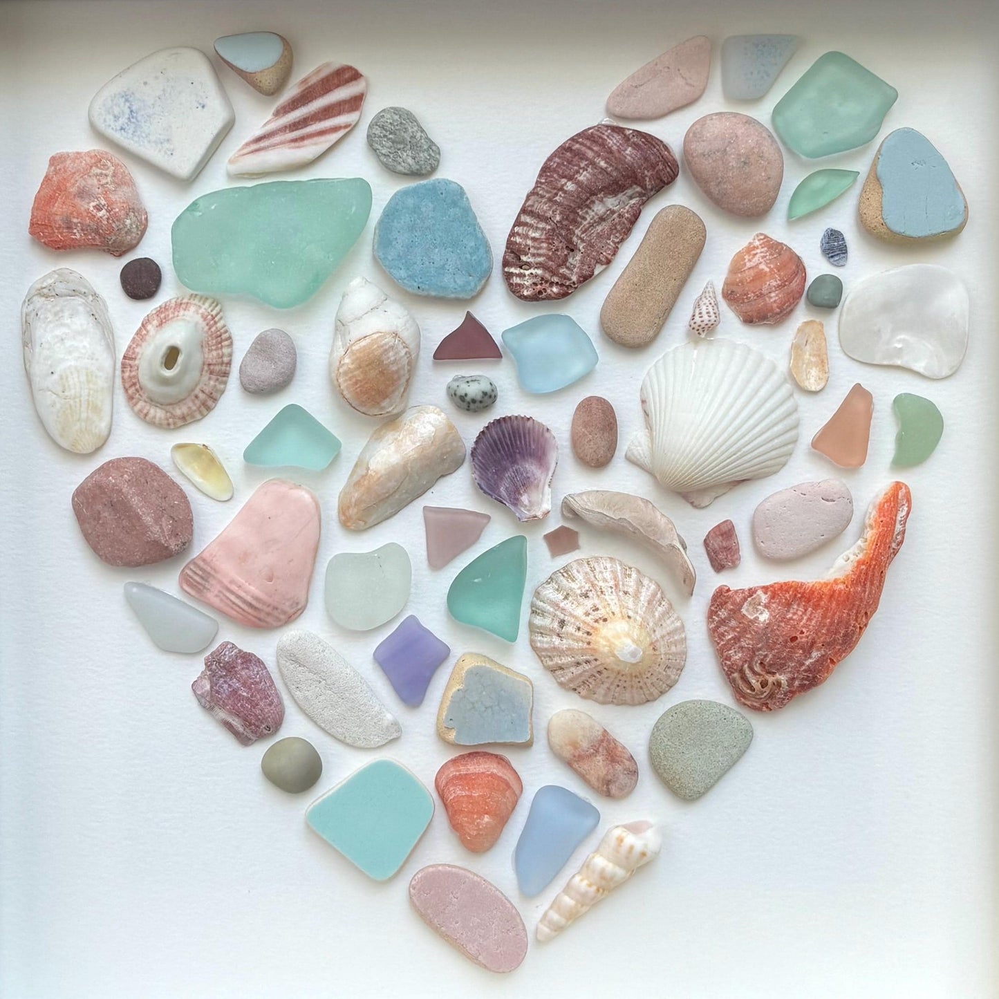 Colorful Heart Beach Collage Made of Scottish Sea Glass, Shells, Sea Pottery and Pebbles, 9x9 Framed Handmade Original Wall Decor