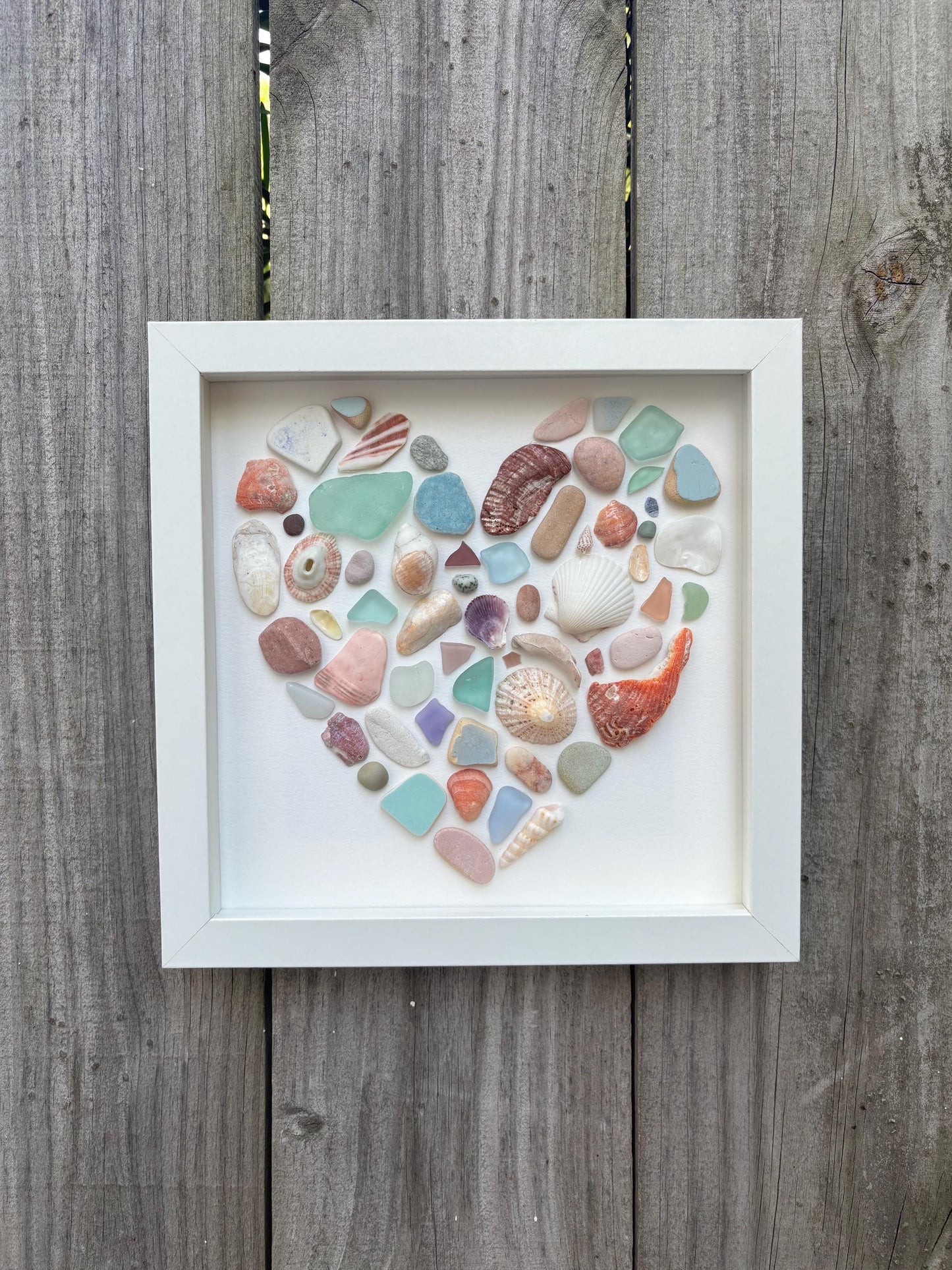 Colorful Heart Beach Collage Made of Scottish Sea Glass, Shells, Sea Pottery and Pebbles, 9x9 Framed Handmade Original Wall Decor