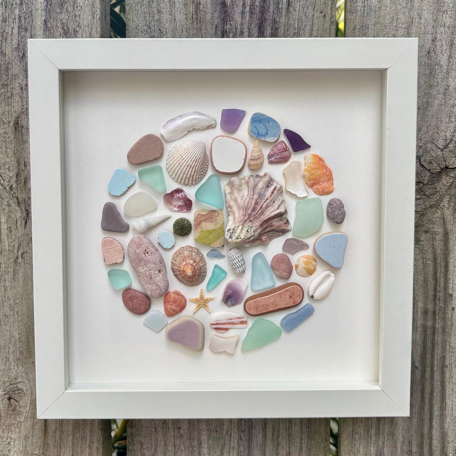 Colorful Beach Collage Circle Made of Scottish Sea Glass, Shells, Sea Pottery and Pebbles, 9x9 Framed Handmade Original Wall Decor