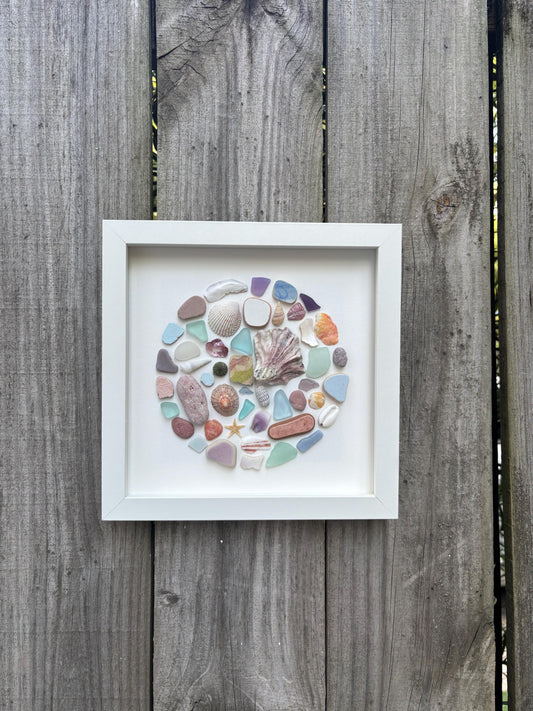 Circular Abstract Beach Mosaic | Colorful Glass, Shells, Pottery and, Pebbles | Handmade Original Coastal Decor | 8x8 Beach Art