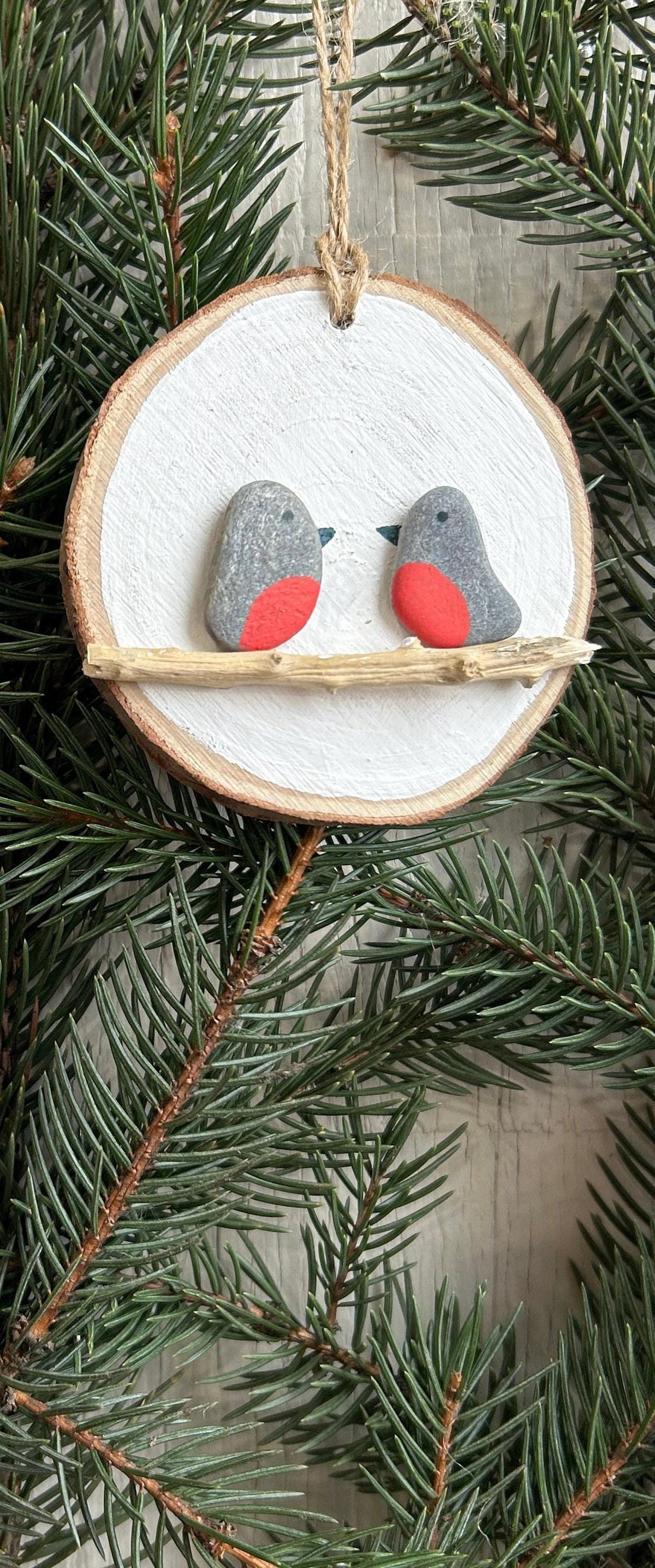Handmade Robin Pebble Art Christmas Tree Ornaments, one and two robins displayed on ~3” Dried Wood Round, Perfect Gift, Stocking Stuffer
