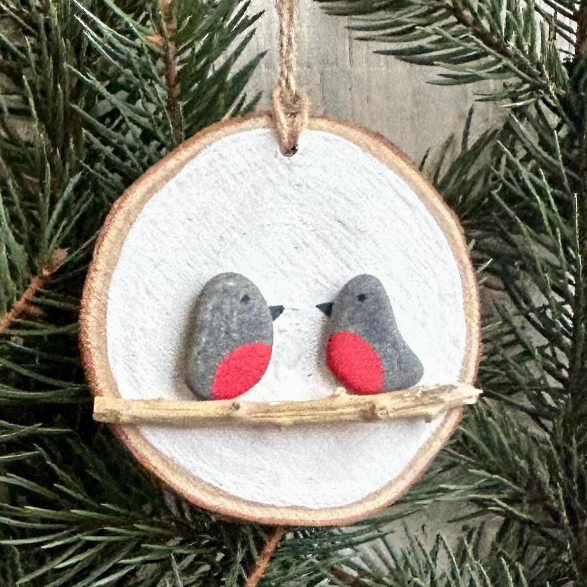 Handmade Robin Pebble Art Christmas Tree Ornaments, one and two robins displayed on ~3” Dried Wood Round, Perfect Gift, Stocking Stuffer