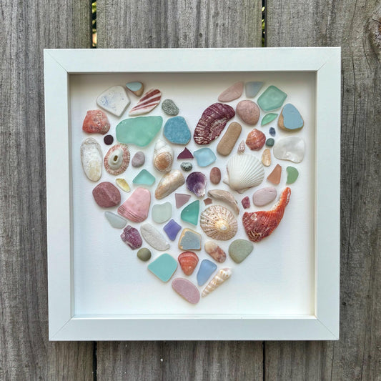 Colorful Heart Beach Collage Made of Scottish Sea Glass, Shells, Sea Pottery and Pebbles, 9x9 Framed Handmade Original Wall Decor