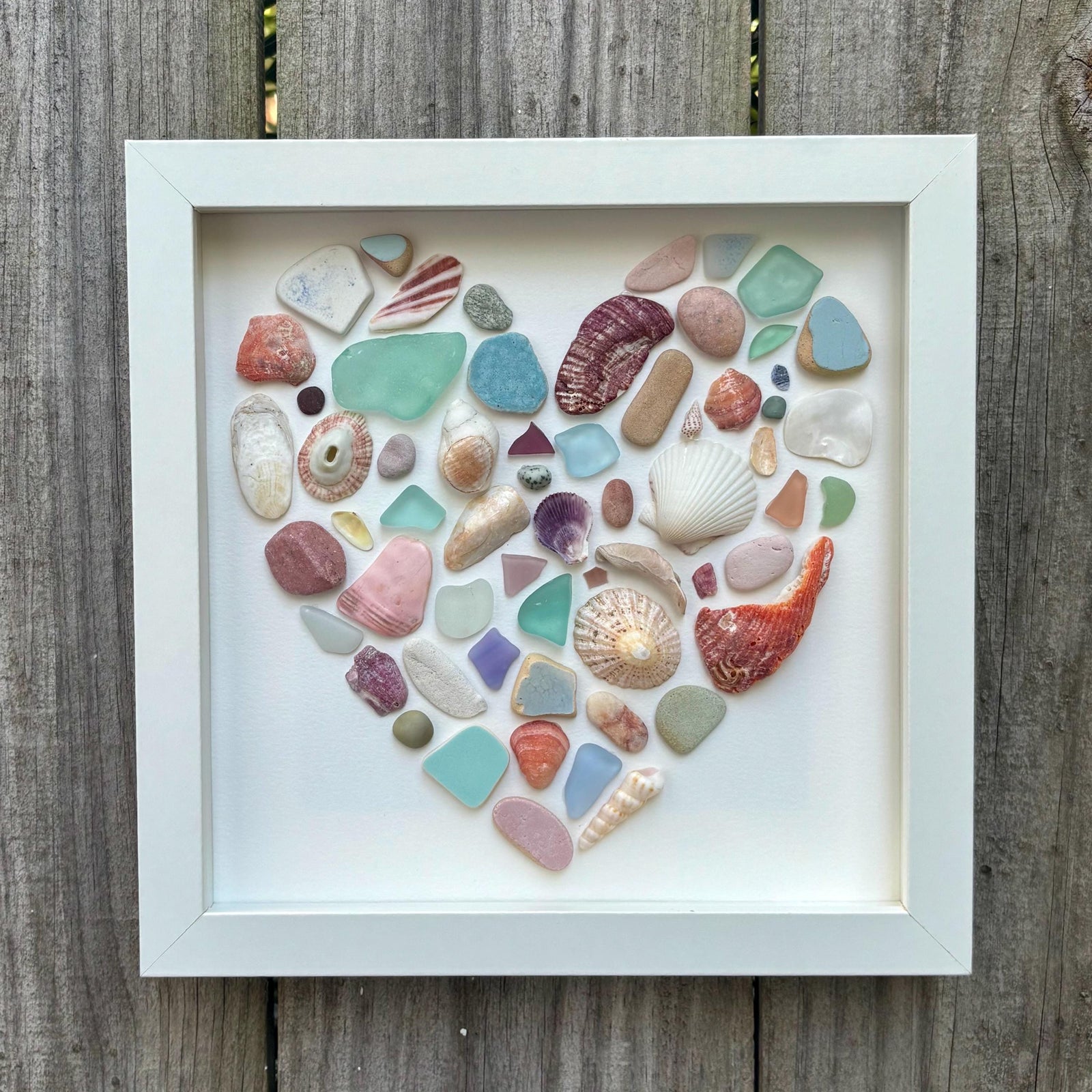 Colorful Heart Beach Collage Made of Scottish Sea Glass, Shells, Sea Pottery and Pebbles, 9x9 Framed Handmade Original Wall Decor
