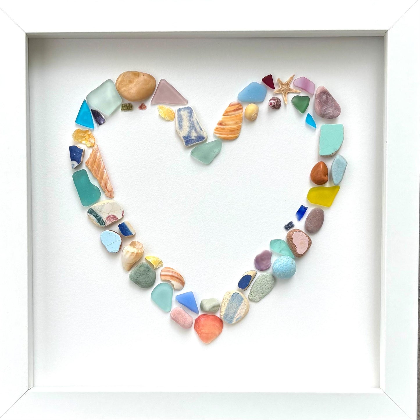 Colorful Heart Beach Collage Made of Scottish Sea Glass, Shells, Sea Pottery and Pebbles, 9x9 Framed Handmade Original Wall Decor