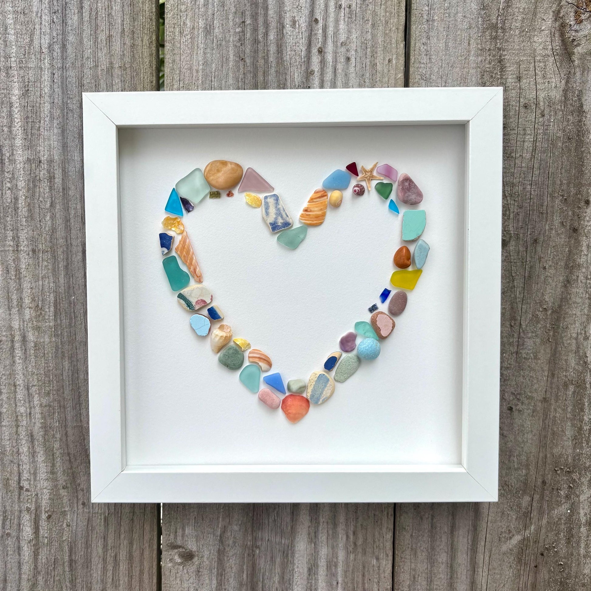 Colorful Heart Beach Collage Made of Scottish Sea Glass, Shells, Sea Pottery and Pebbles, 9x9 Framed Handmade Original Wall Decor