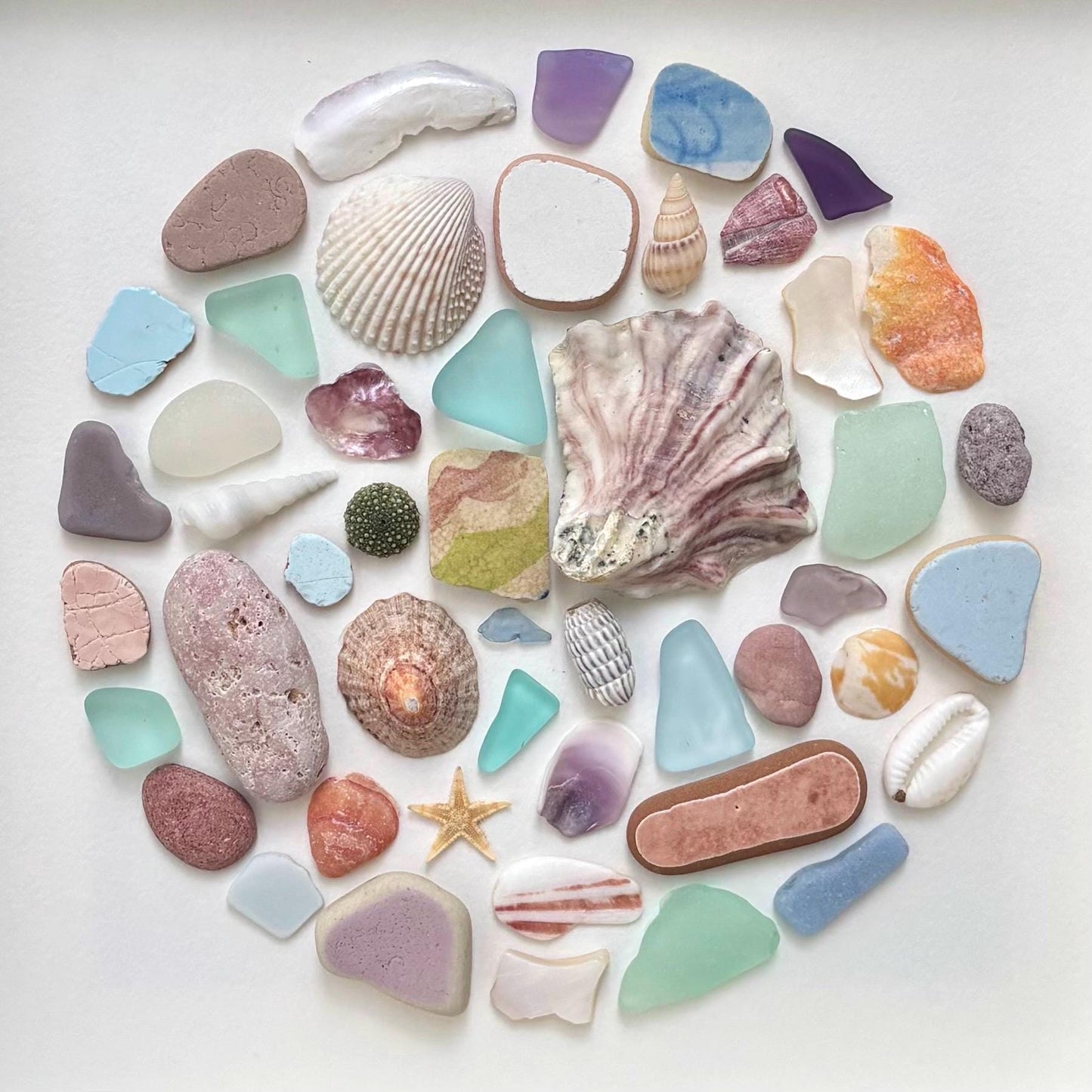 Colorful Beach Collage Circle Made of Scottish Sea Glass, Shells, Sea Pottery and Pebbles, 9x9 Framed Handmade Original Wall Decor
