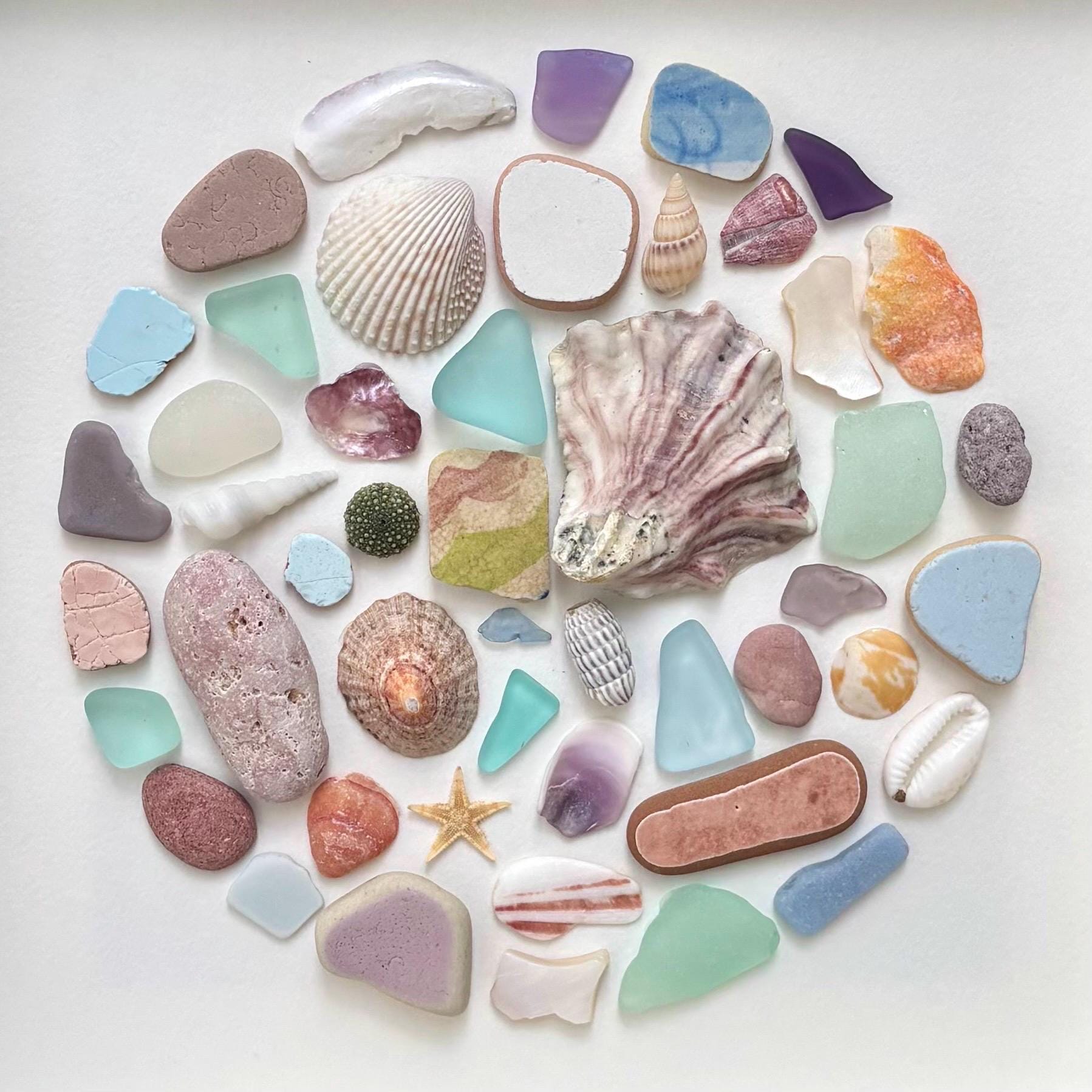 Colorful Beach Collage Circle Made of Scottish Sea Glass, Shells, Sea Pottery and Pebbles, 9x9 Framed Handmade Original Wall Decor