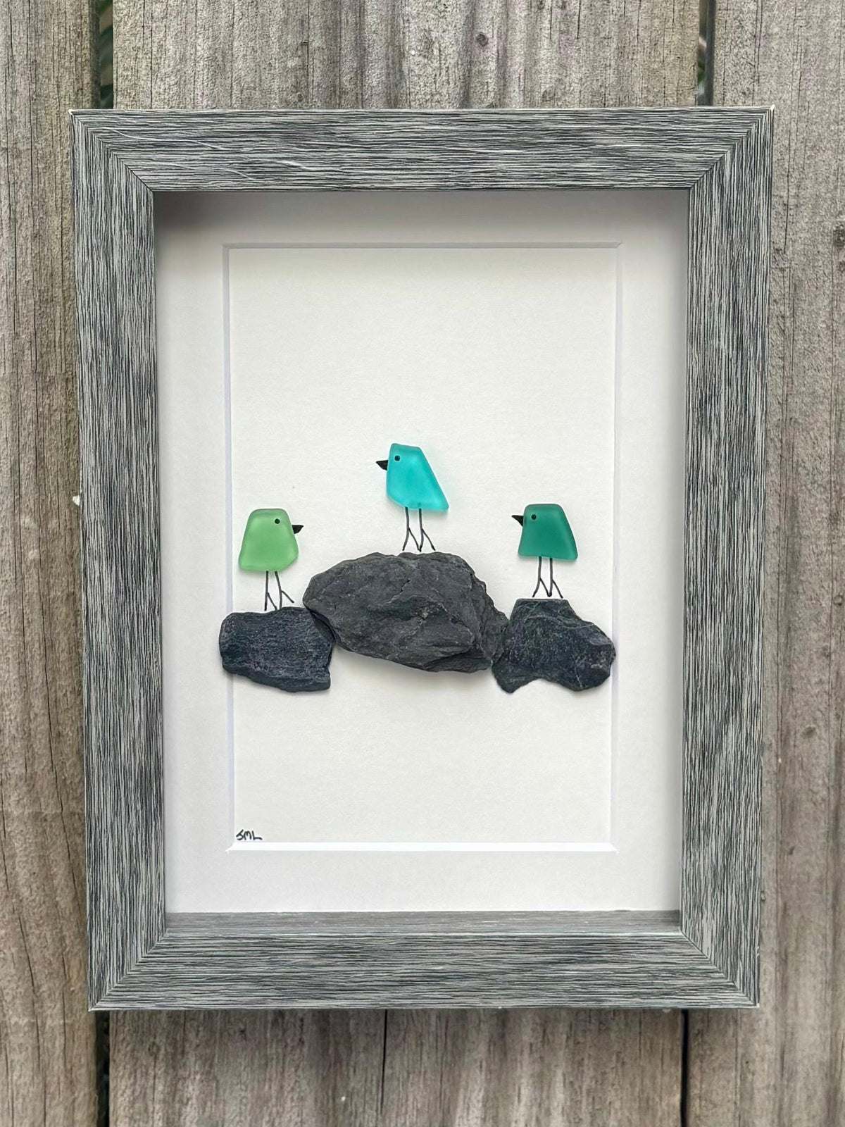 3 Sea Glass Birds on Rock Piles, 6x8” Framed Original Handmade Pebble Beach Art, Minimalist Coastal Decor