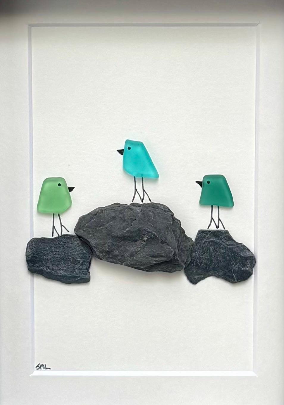 3 Sea Glass Birds on Rock Piles, 6x8” Framed Original Handmade Pebble Beach Art, Minimalist Coastal Decor