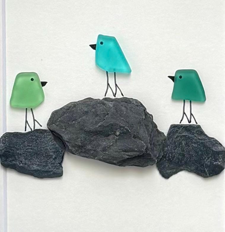 3 Sea Glass Birds on Rock Piles, 6x8” Framed Original Handmade Pebble Beach Art, Minimalist Coastal Decor