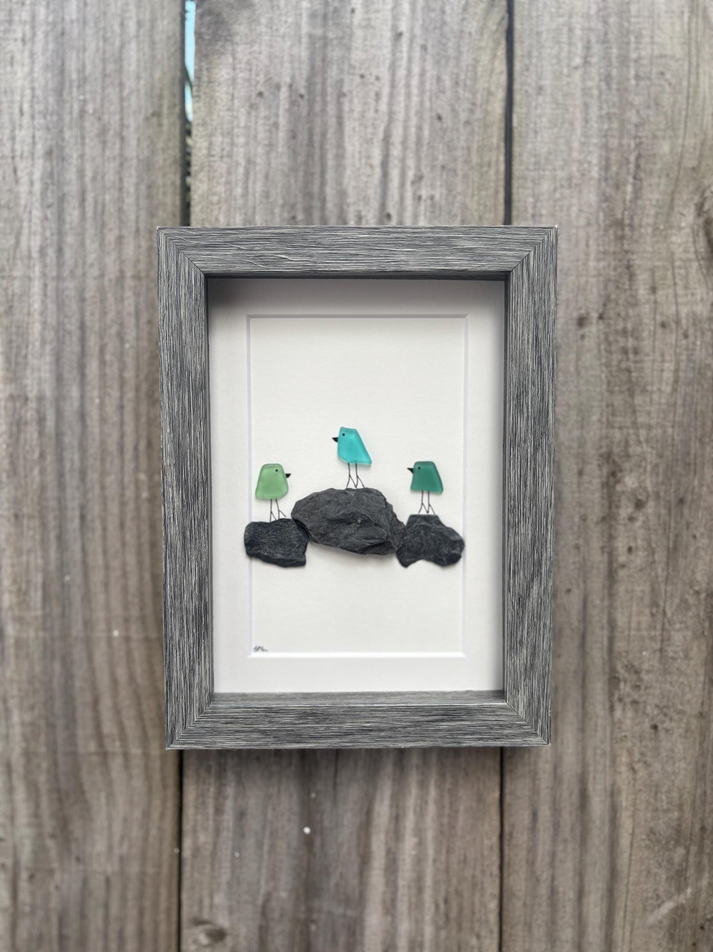 3 Sea Glass Birds on Rock Piles | Framed Handmade Beach Art Gift for Friend | Minimalist Coastal Decor | 5x7 Sea Glass and Pebble Art