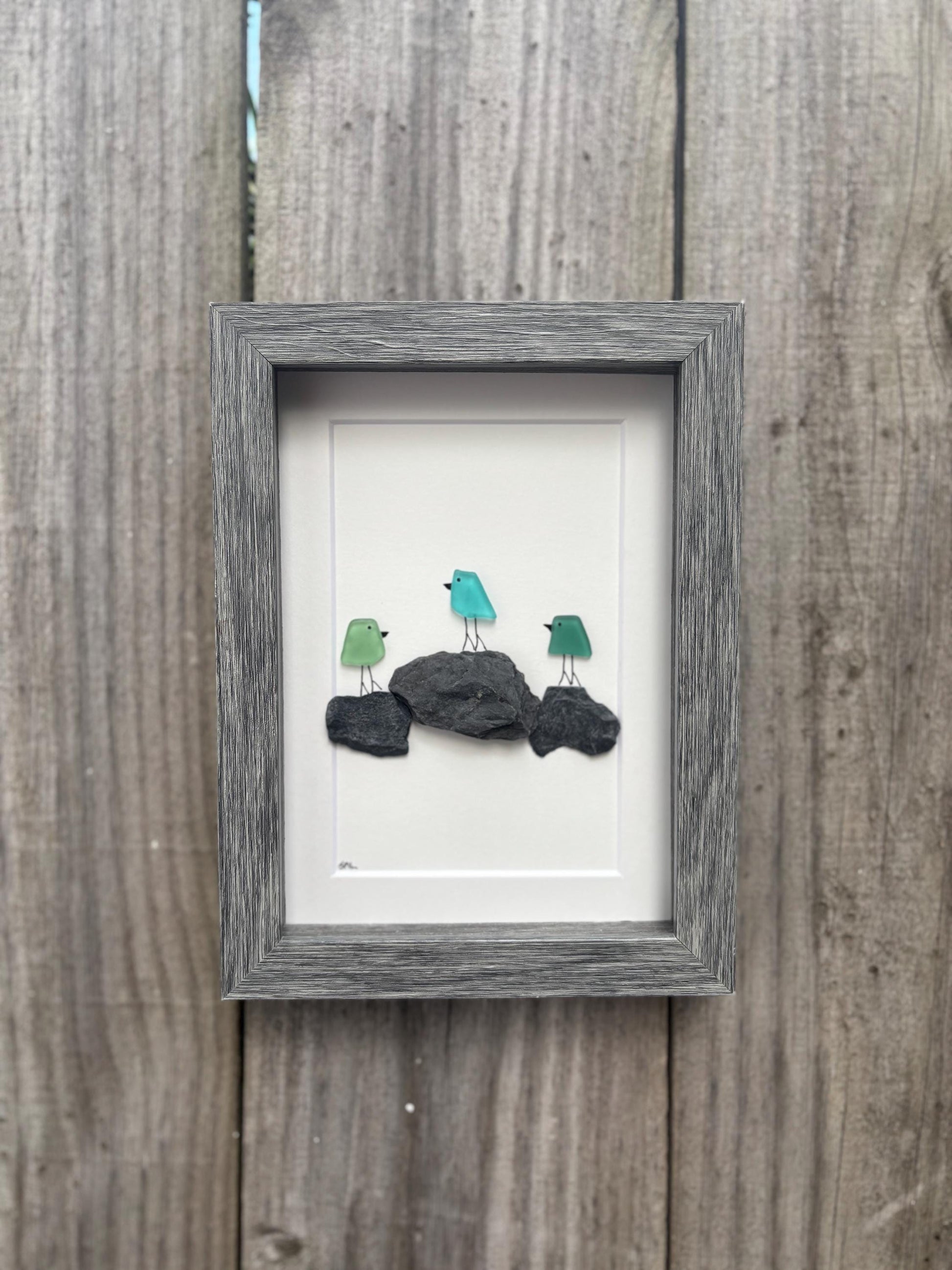 3 Sea Glass Birds on Rock Piles | Framed Handmade Beach Art Gift for Friend | Minimalist Coastal Decor | 5x7 Sea Glass and Pebble Art