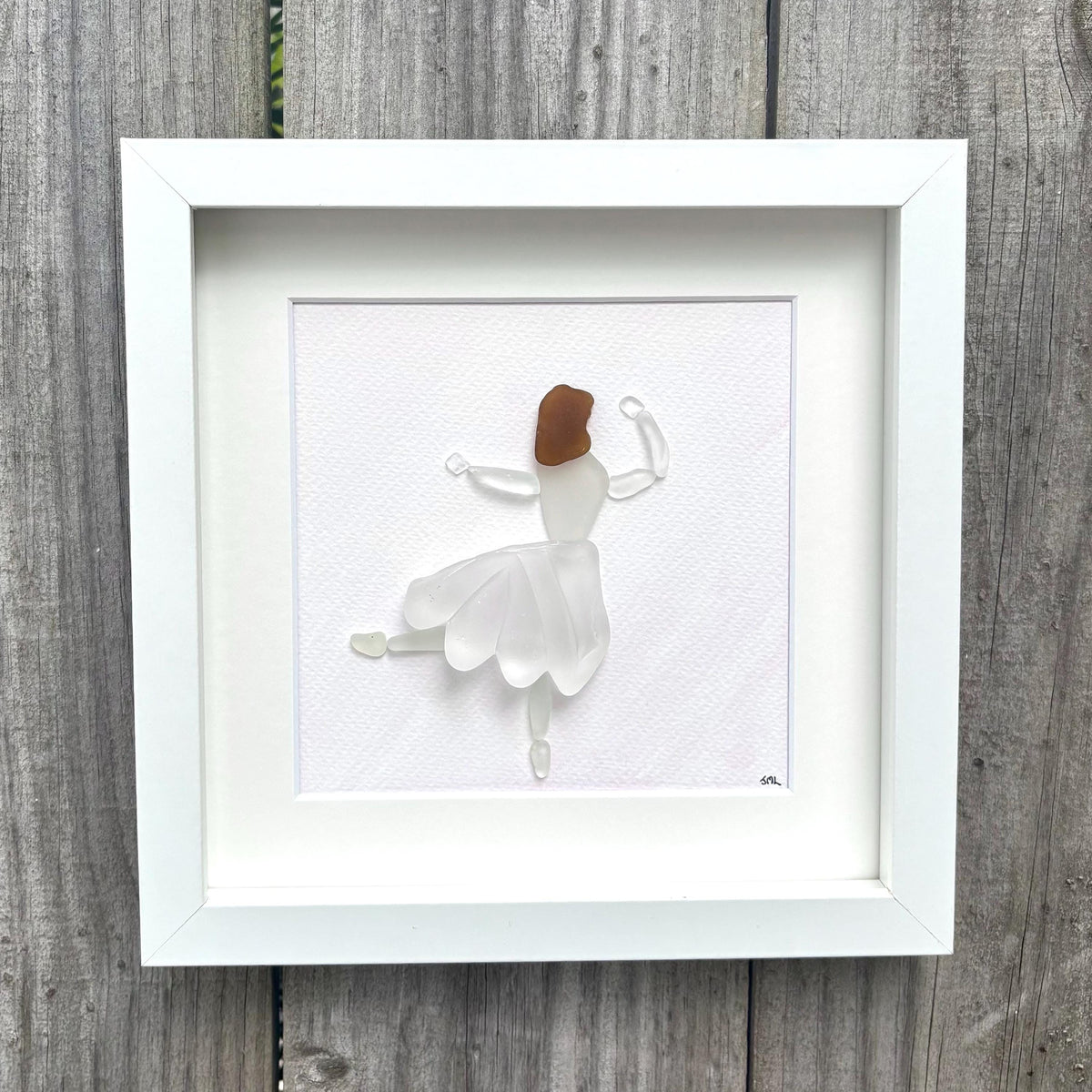 Ballerina | Ballet Dancer | White Glass | Unique Handmade Framed Art made from Scottish and Spanish Beach Finds | 8x8 Sea Glass Art