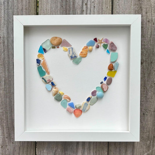 Colorful Heart Beach Collage Made of Scottish Sea Glass, Shells, Sea Pottery and Pebbles, 9x9 Framed Handmade Original Wall Decor