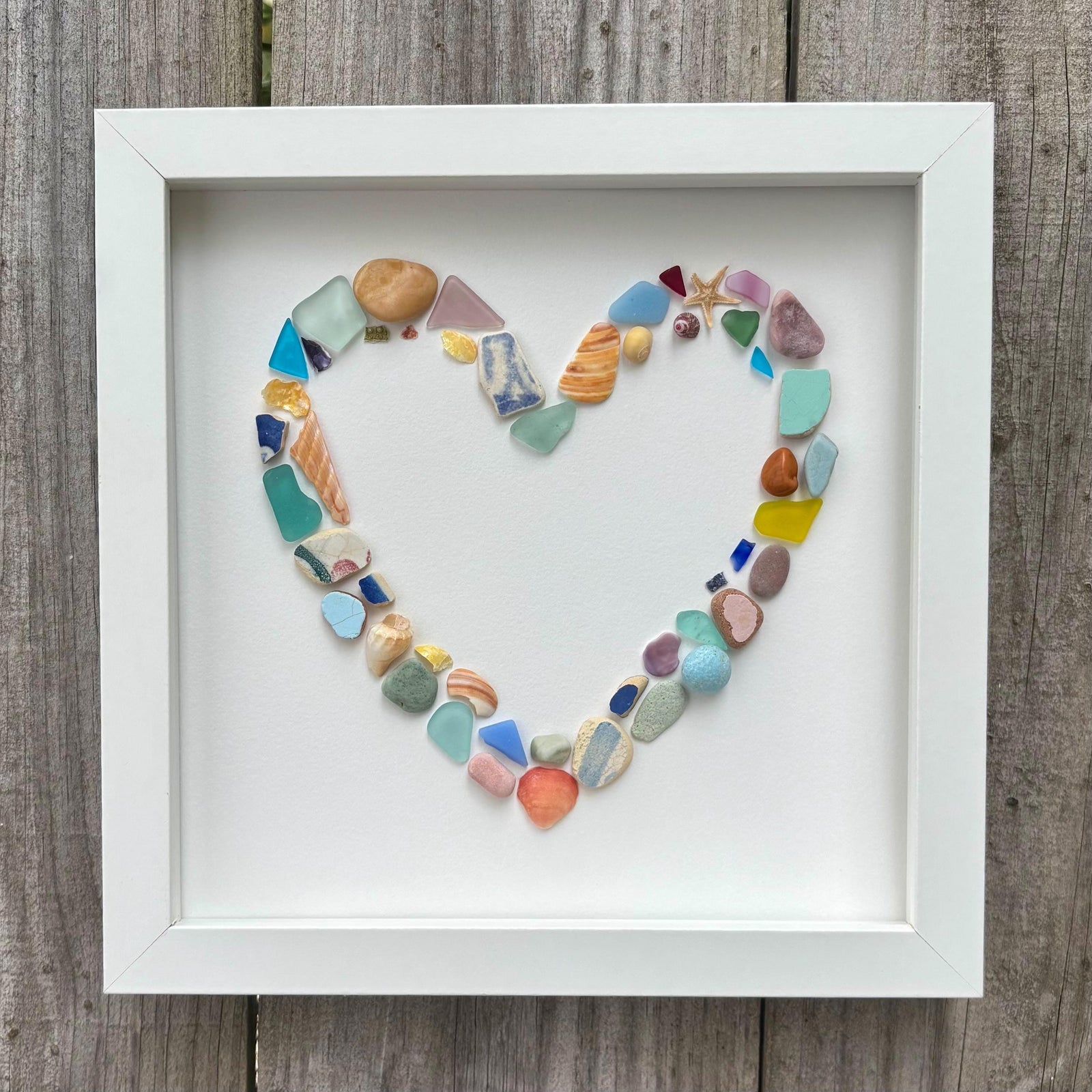 Colorful Heart Beach Collage Made of Scottish Sea Glass, Shells, Sea Pottery and Pebbles, 9x9 Framed Handmade Original Wall Decor