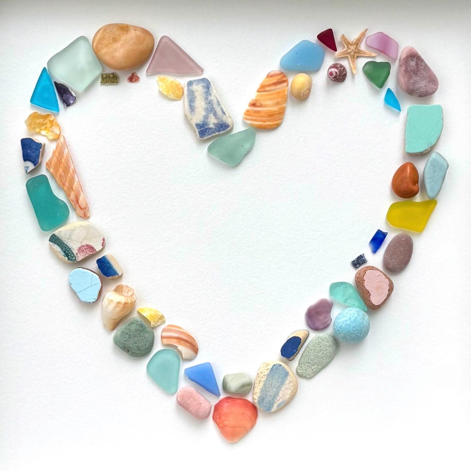 Colorful Heart Beach Collage Made of Scottish Sea Glass, Shells, Sea Pottery and Pebbles, 9x9 Framed Handmade Original Wall Decor