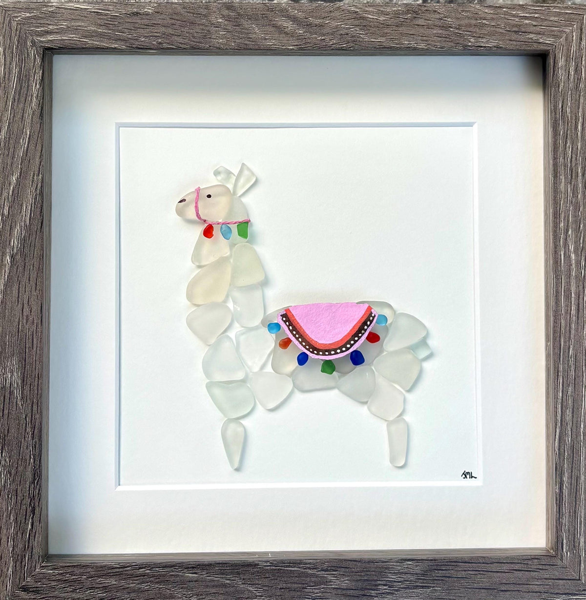 Colorful Sea Glass Llama Art | 9x9 Framed Colorful Alpaca Picture | Unique Handmade Wall Art for Llama Lovers | Gift for Animal Lover